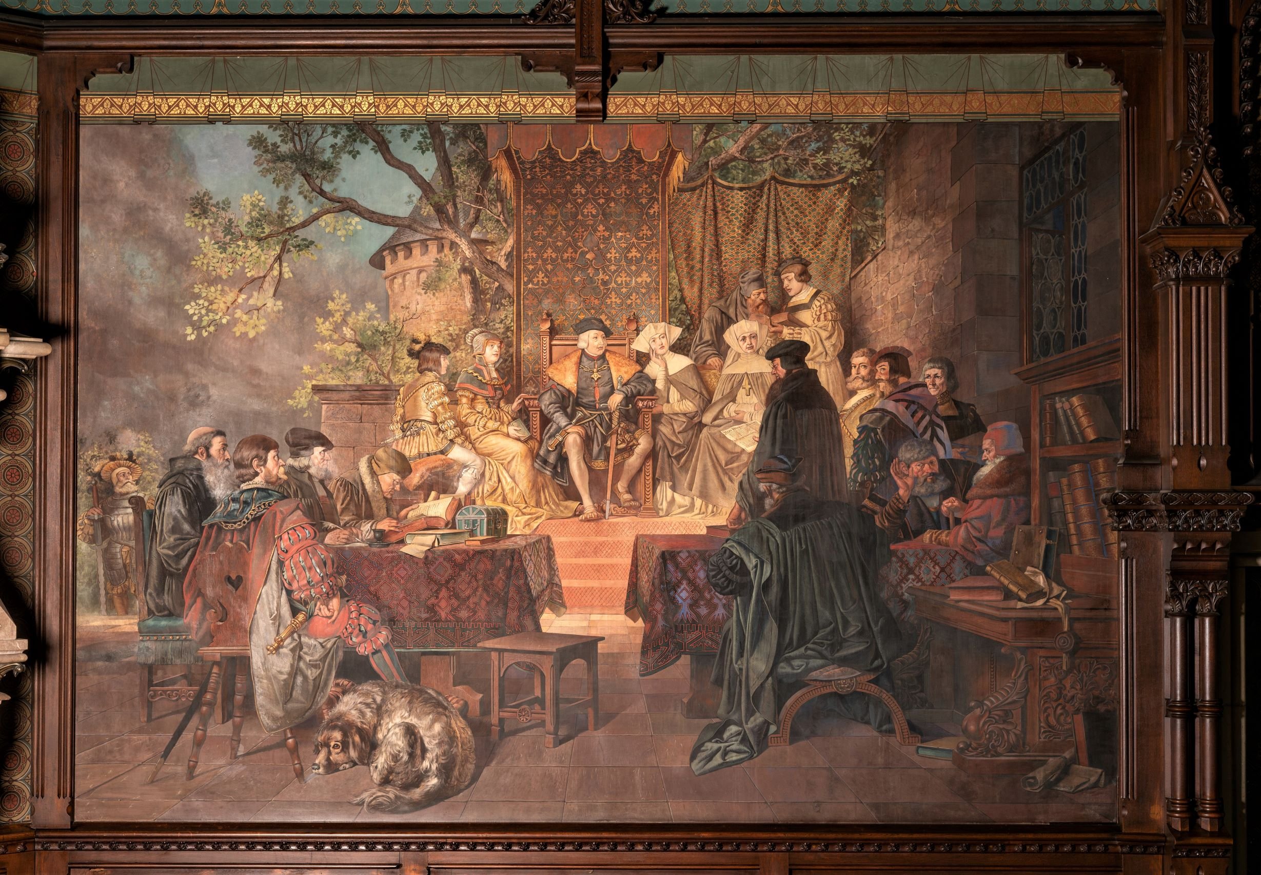 Wandgemälde im Festsaal mit Darstellung einer Beratung des Grafen Botho III. (Schloß Wernigerode GmbH RR-F)
