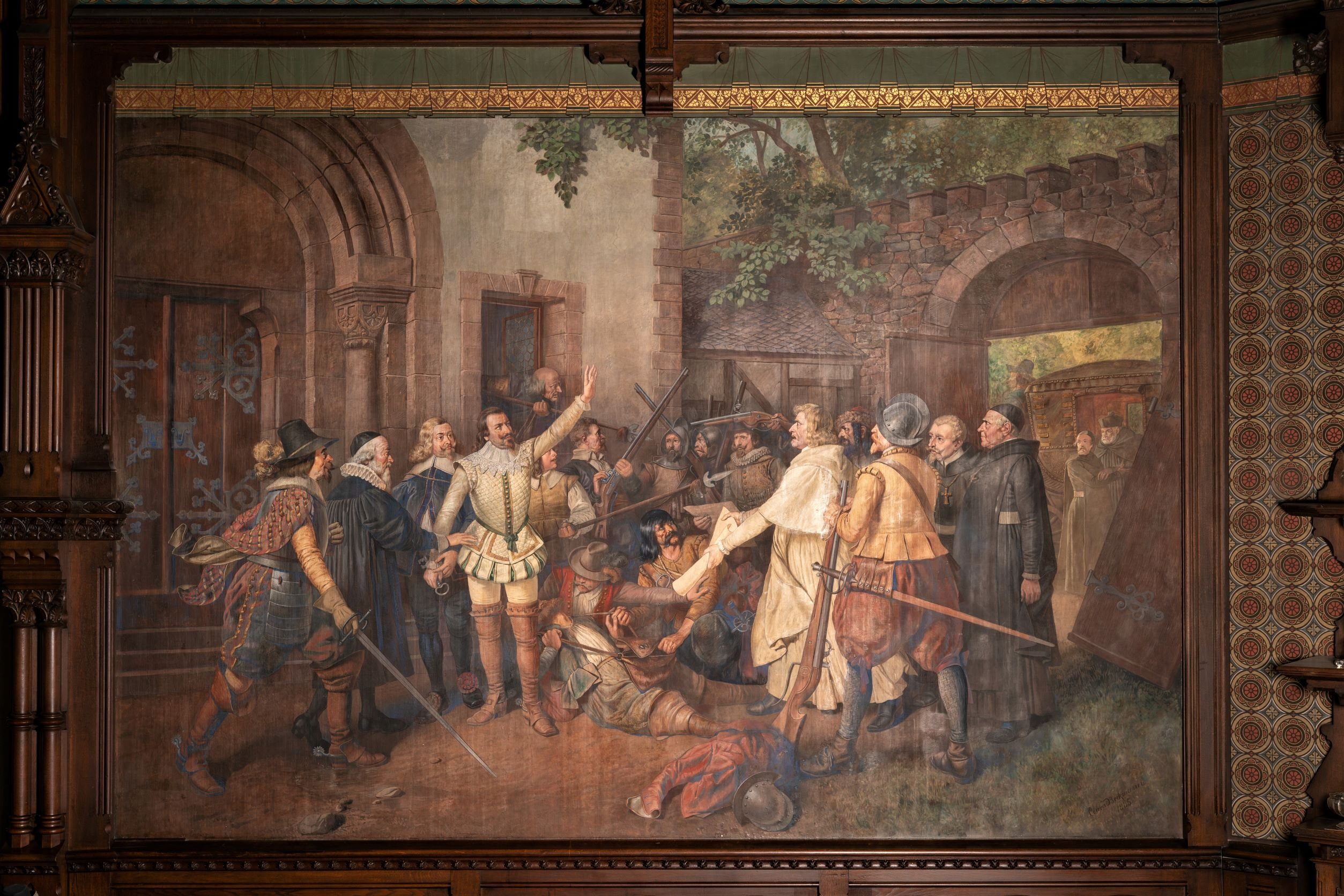 Wandgemälde im Festsaal mit Darstellung einer Beratung des Grafen Botho III. (Schloß Wernigerode GmbH RR-F)