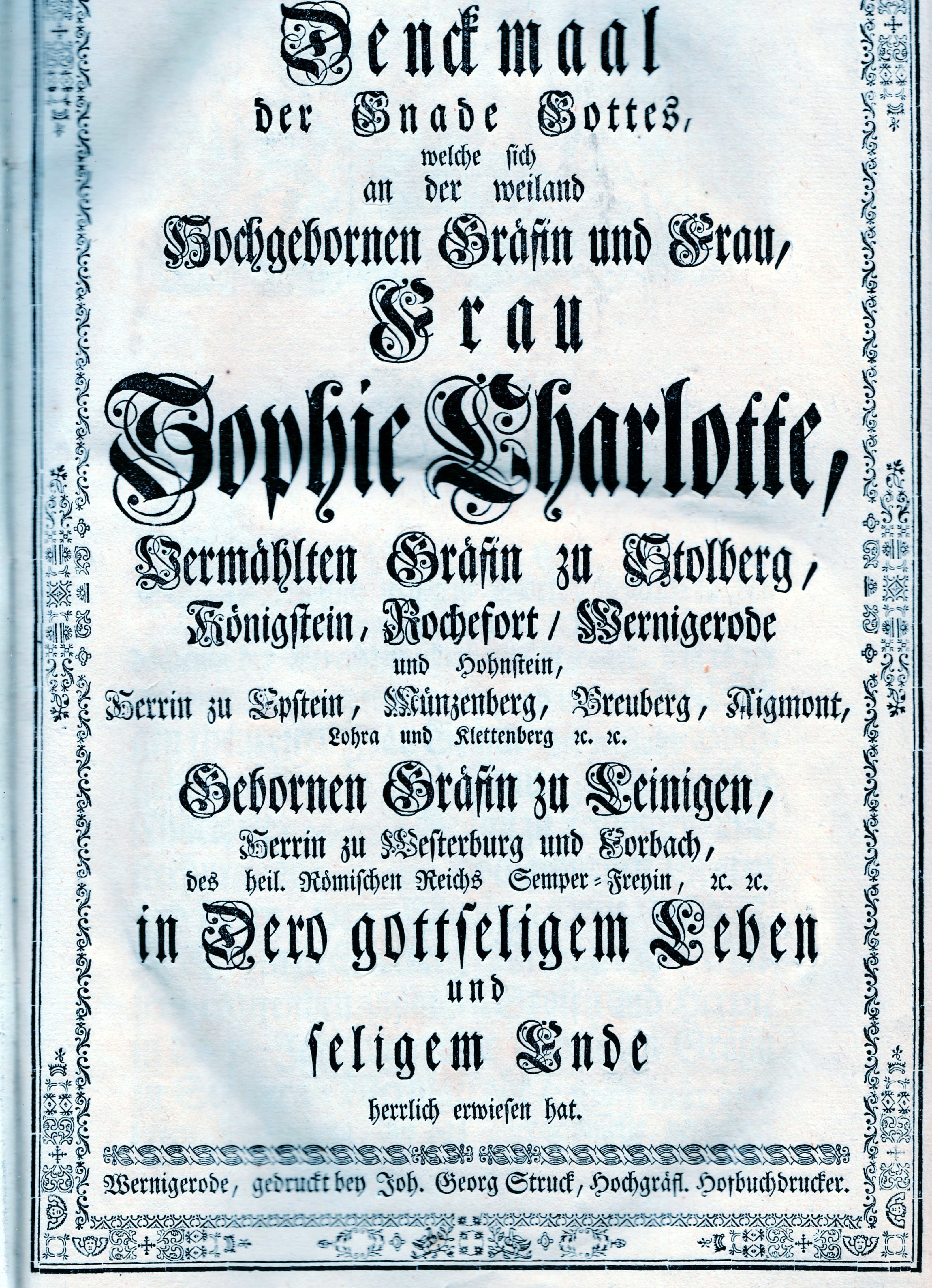 Sammelband mit allen in der Grafschaft Wernigerode gehaltenen Leichenpredigten auf den Tod der Gräfin Sophie Charlotte zu Stolberg-Wernigerode (1695-1 (Schloß Wernigerode GmbH RR-F)