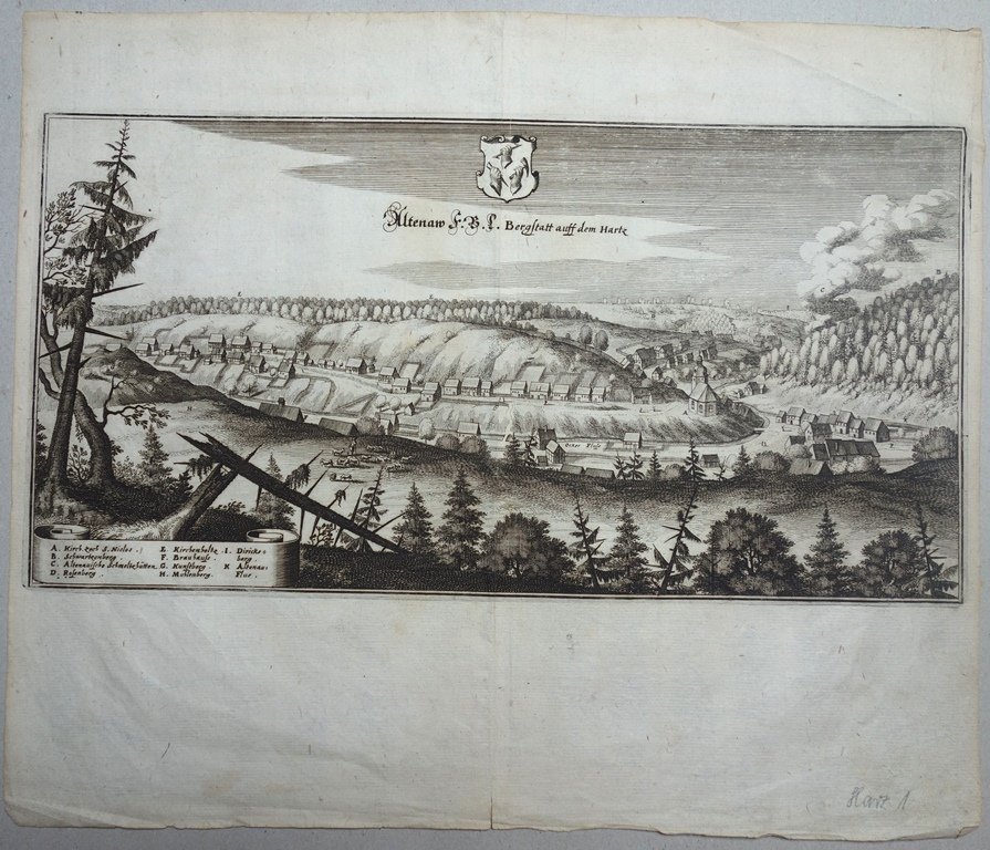 Altenau: Stadt und Umgebung von Osten, 1654 (aus: Merian "Topographia") (Schloß Wernigerode GmbH RR-F)