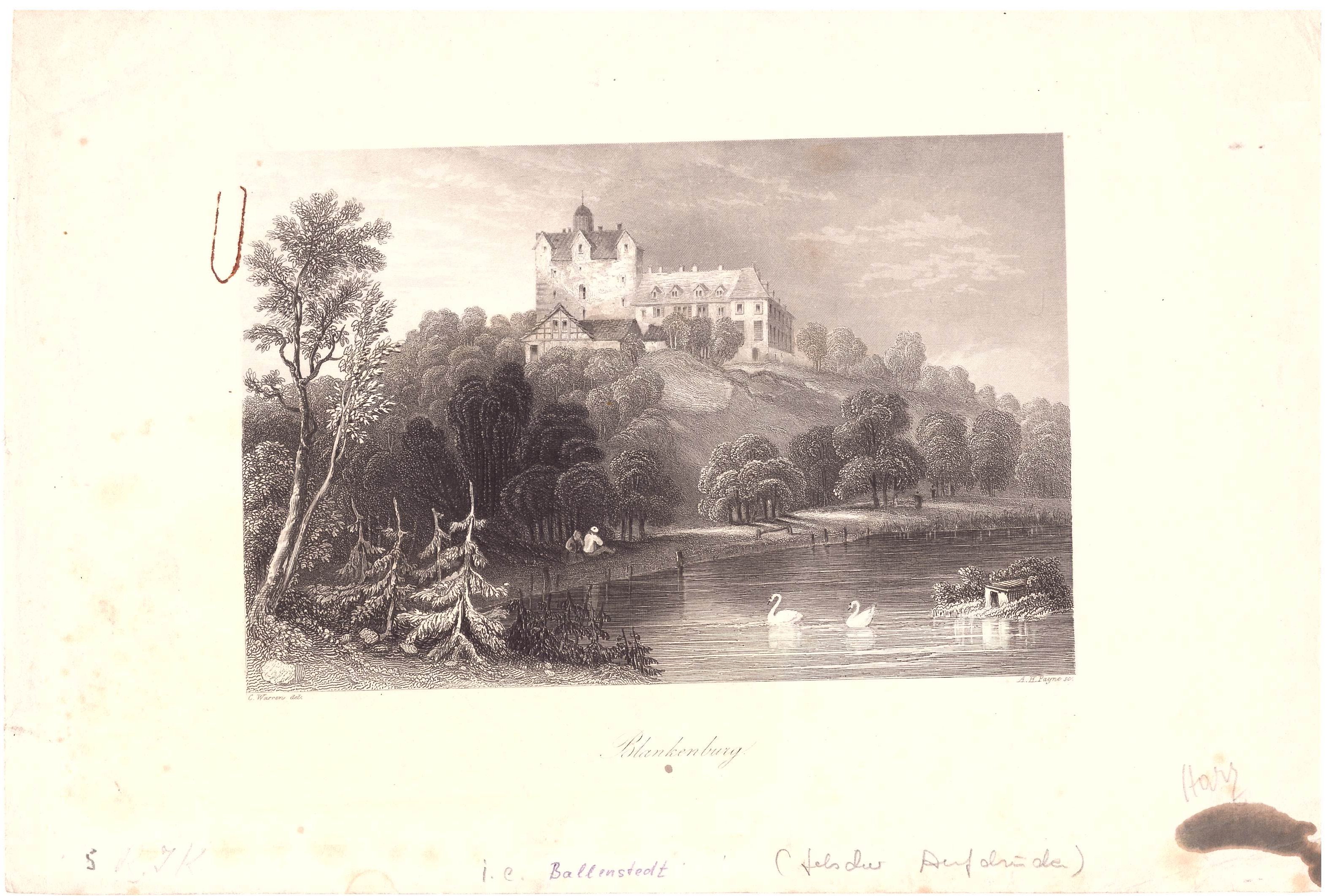 Ballenstedt: Schloss über den Teich von Westen, 1847 (Schloß Wernigerode GmbH RR-F)