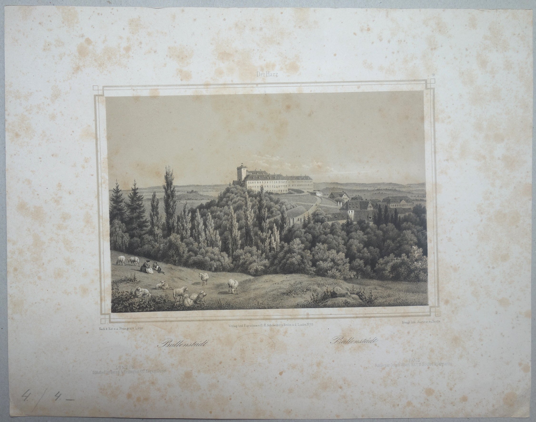 Ballenstedt: Stadt und Schloss von Nordwesten, 1838 (aus: Schroeder "Der Harz" N. F.) (Schloß Wernigerode GmbH RR-F)