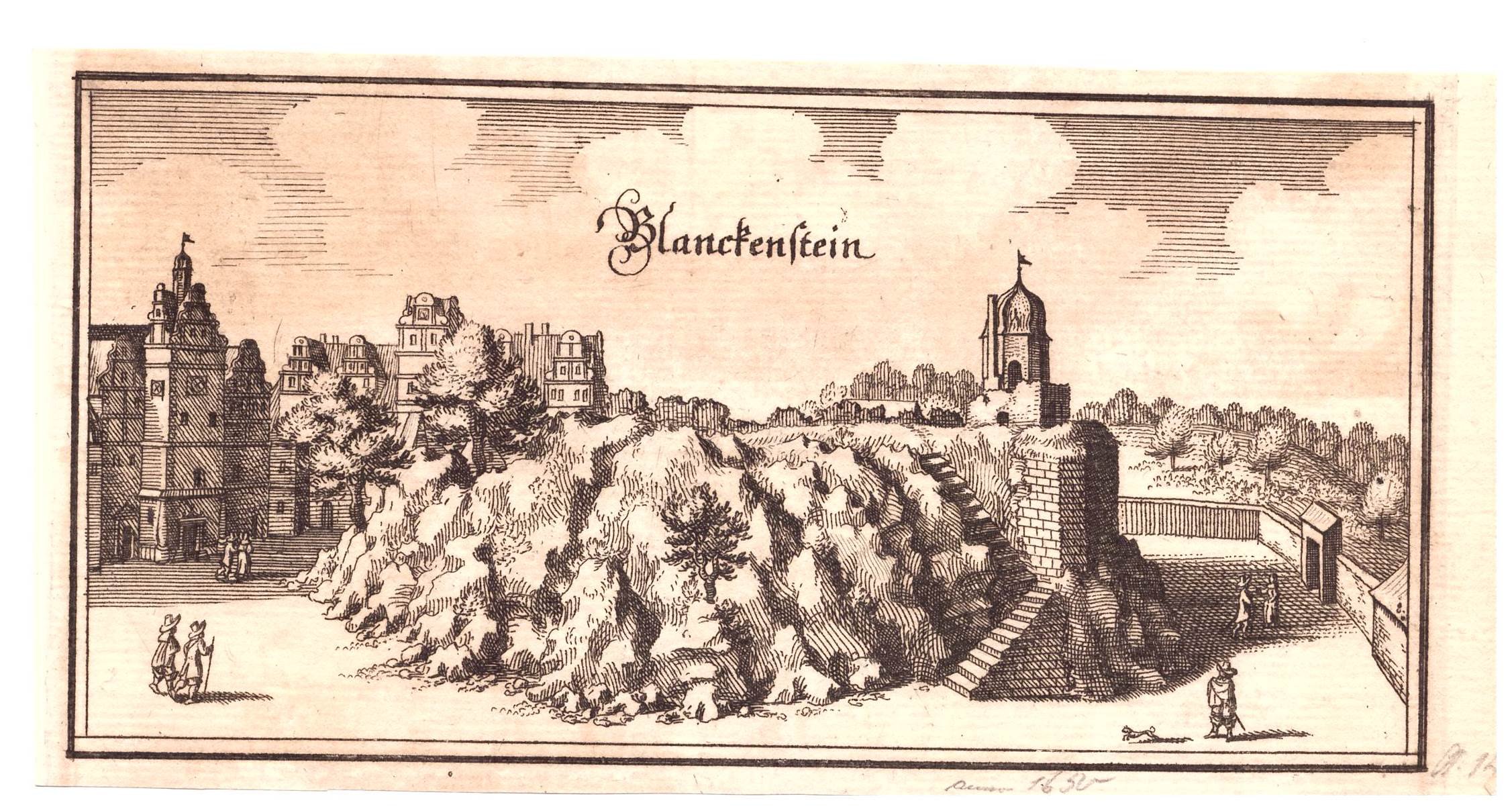 Blankenburg (Harz): Schlosshof mit Teilen der alten Burg, 1654 (aus: Merian "Topographia") (Schloß Wernigerode GmbH RR-F)