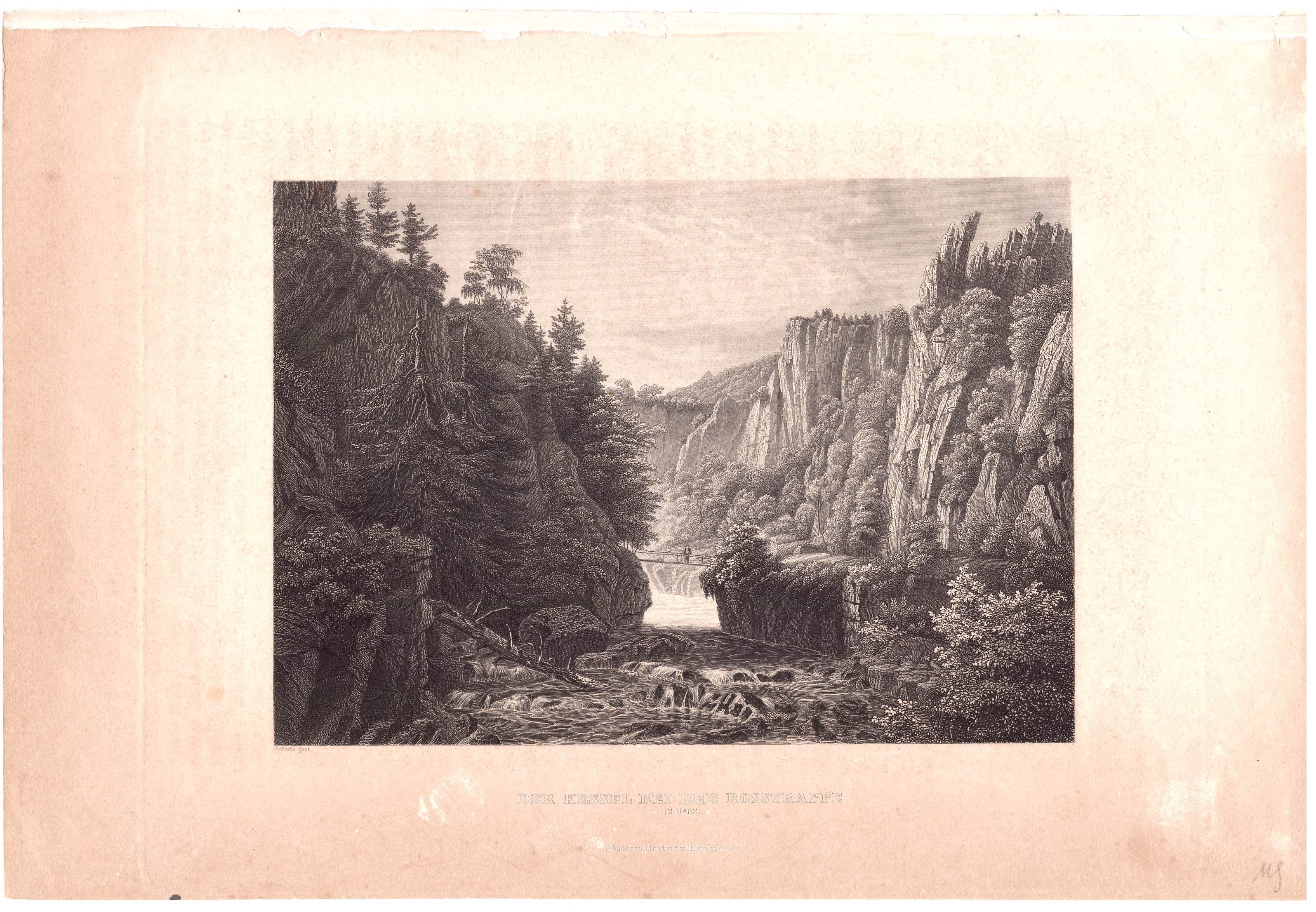 Bodetal: Jungfernbrücke mit Blick zur Rosstrappe, 1863# (Schloß Wernigerode GmbH RR-F)