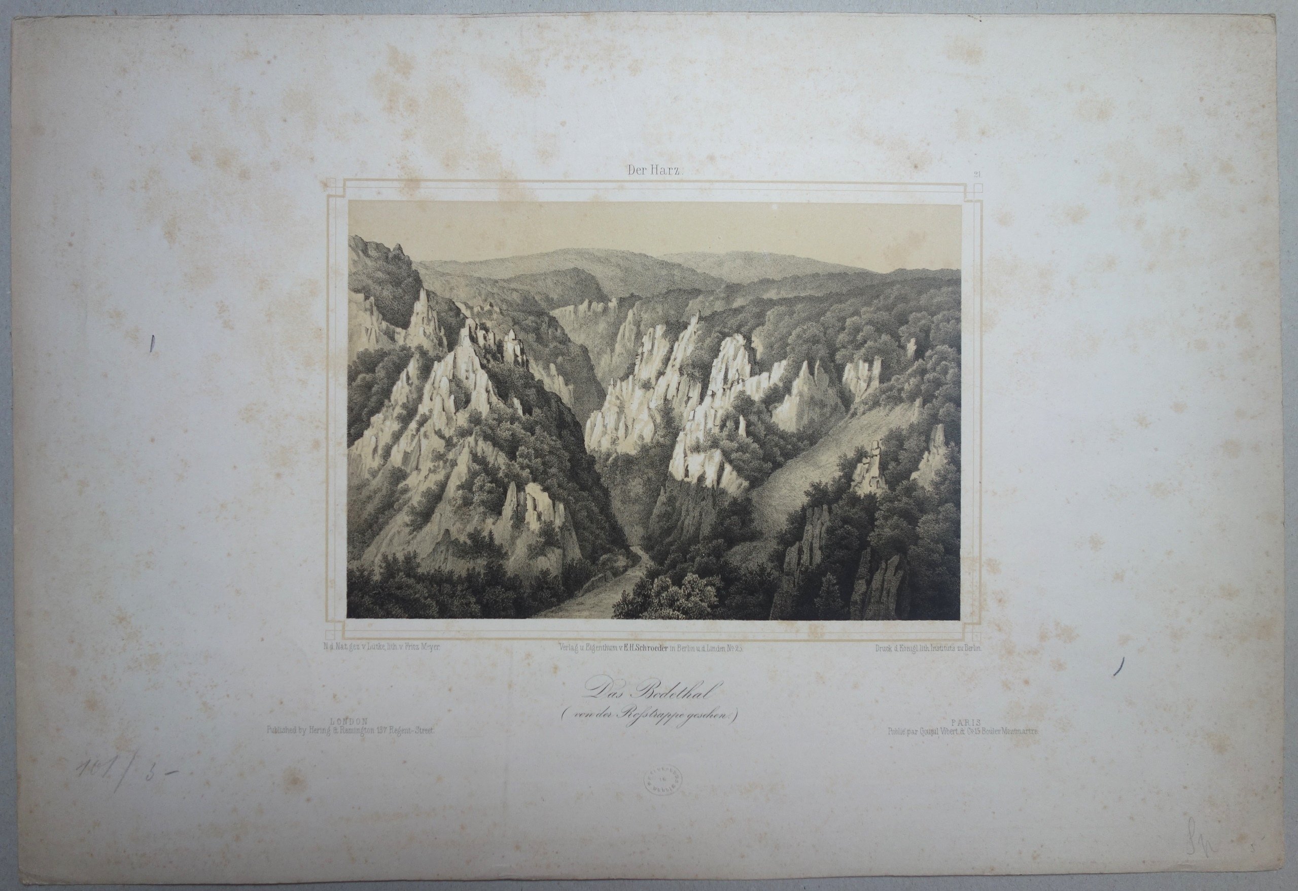 Bodetal: Aussicht von der Roßtrappe ins Bodetal, 1838 (aus: Schroeder "Der Harz" N.F.) (Schloß Wernigerode GmbH RR-F)