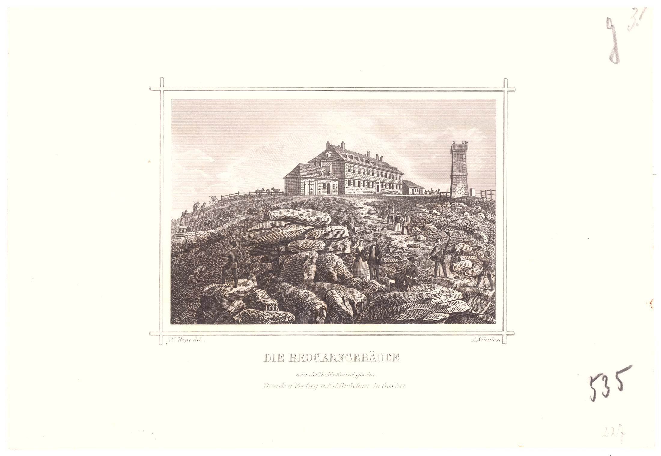 Brocken, Brockenhaus mit Turm von Südosten, um 1855 (aus: Brückner "Harz-Album") (Schloß Wernigerode GmbH RR-F)