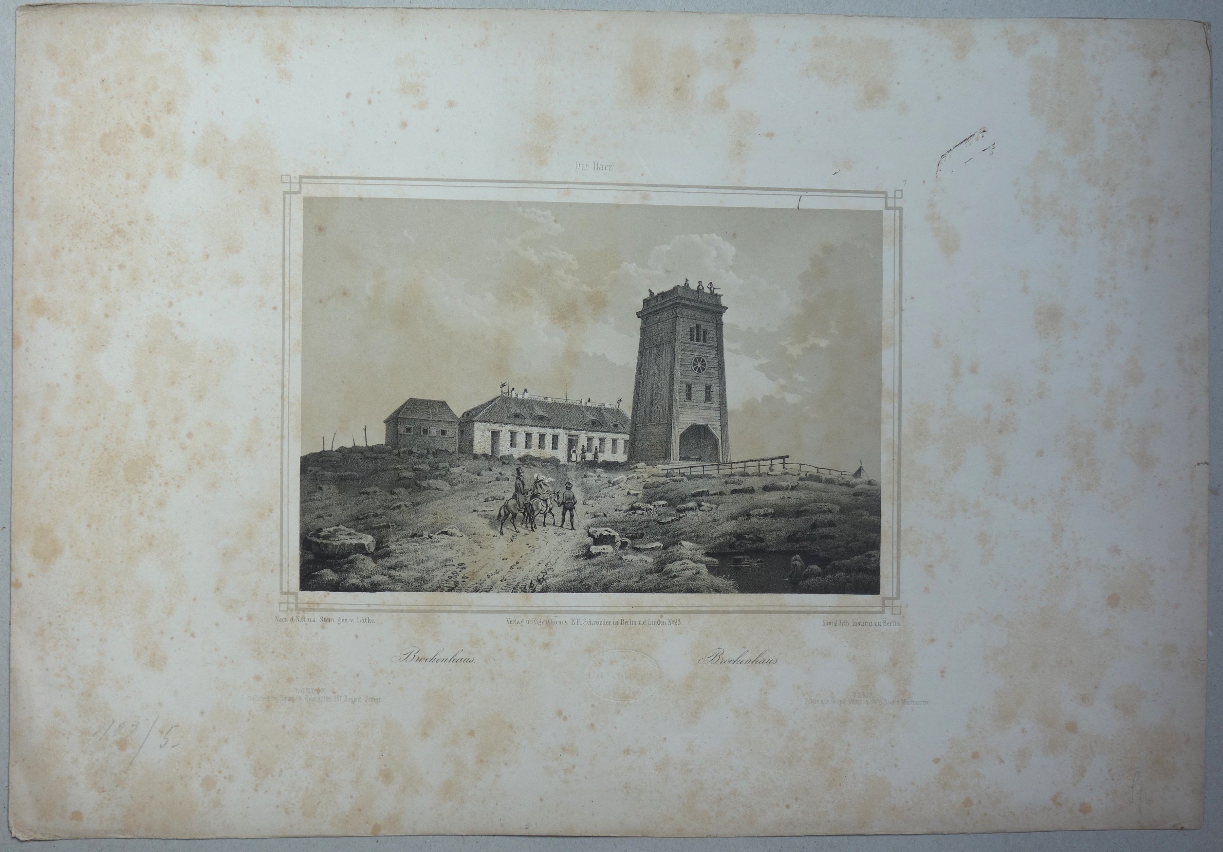 Brocken: Brockenhaus mit Turm von Südosten, 1838 (aus: Schroeder "Harz-Album") (Schloß Wernigerode GmbH RR-F)