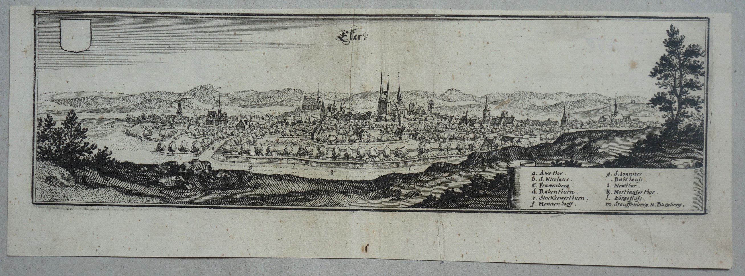 Ellrich: Stadt von Süden, im Hintergrund der Harz, 1650 (Aus: Merian "Topographia")e Sachsen Thüringen?) (Schloß Wernigerode GmbH RR-F)