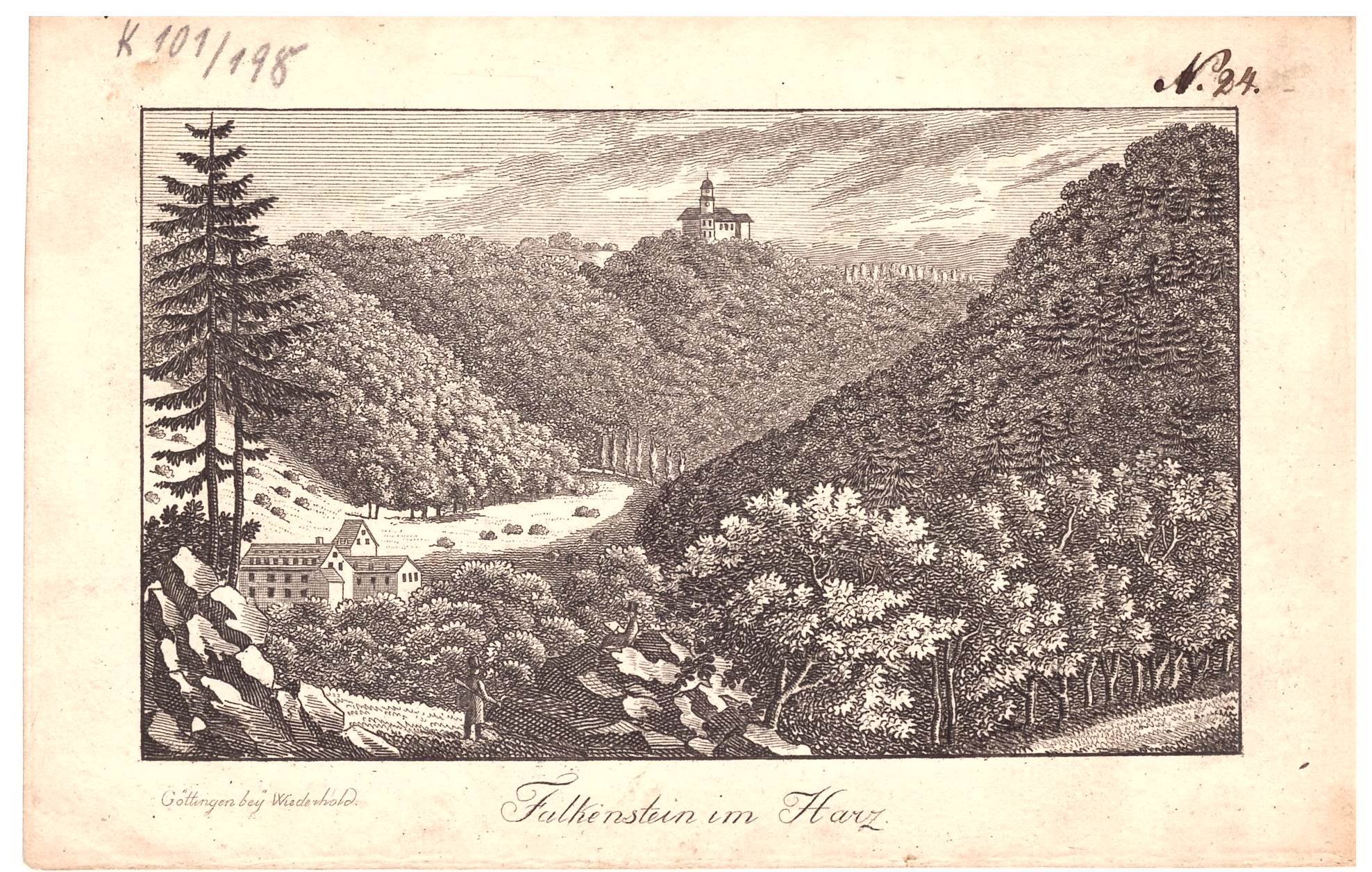 Falkenstein: Burg und Selketal mit Talmühle, um 1820 (Stammbuchblatt) (Schloß Wernigerode GmbH RR-F)