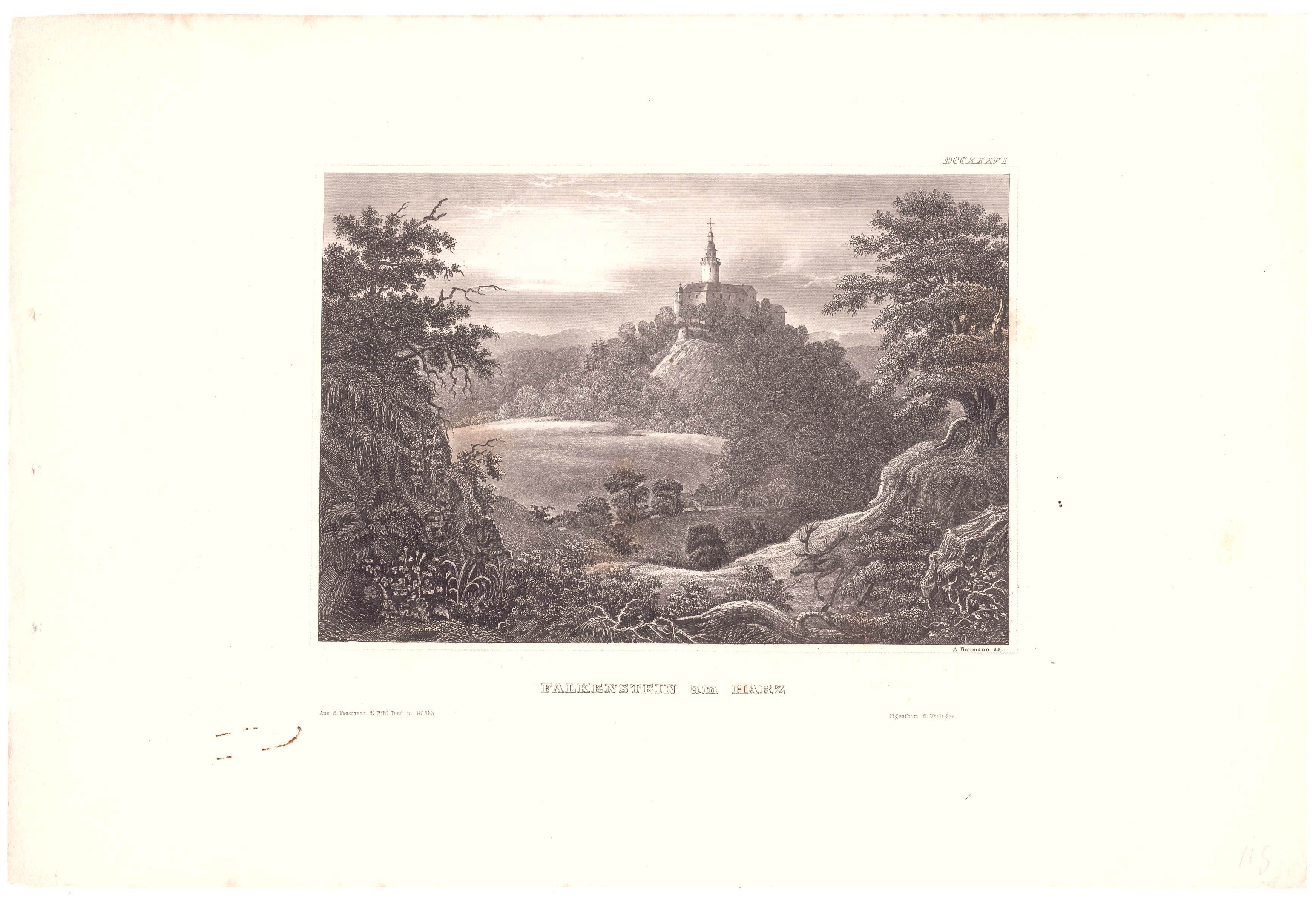 Falkenstein: Burg aus der Ferne von Nordwesten, um 1850 (aus: Meyer "Universum"?) (Schloß Wernigerode GmbH RR-F)