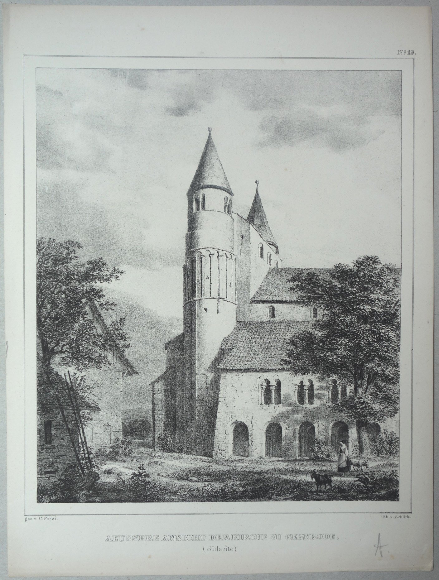 Gernrode: Stiftskirche von Süden, 1842 (aus: Brockhaus "Baukunst des Mittelalters") (Schloß Wernigerode GmbH RR-F)