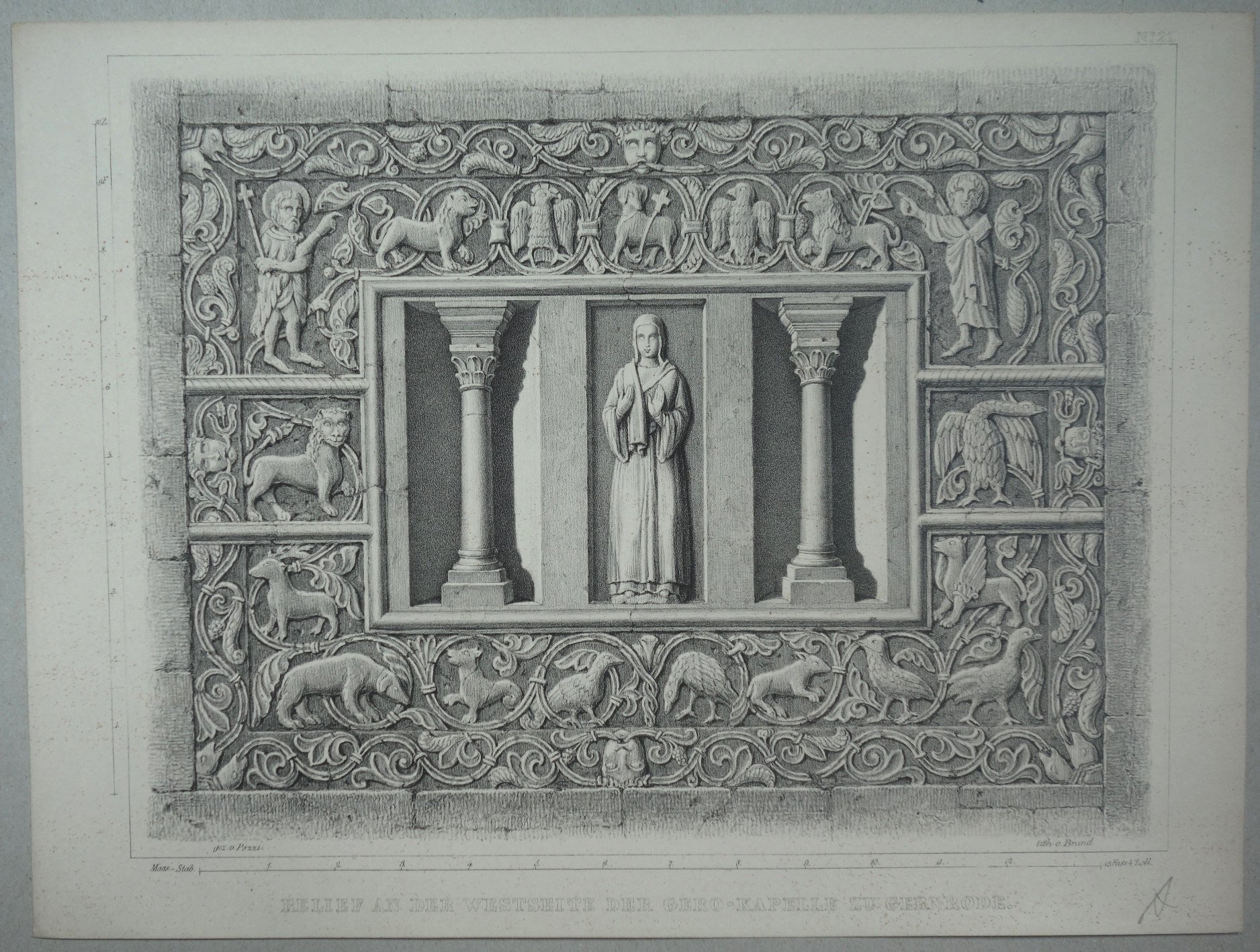 Gernrode: Relief aus der Gero-Kapelle im Inneren der Stiftskirche, 1842 (aus: Brockhaus "Baukunst des Mittelalters") (Schloß Wernigerode GmbH RR-F)