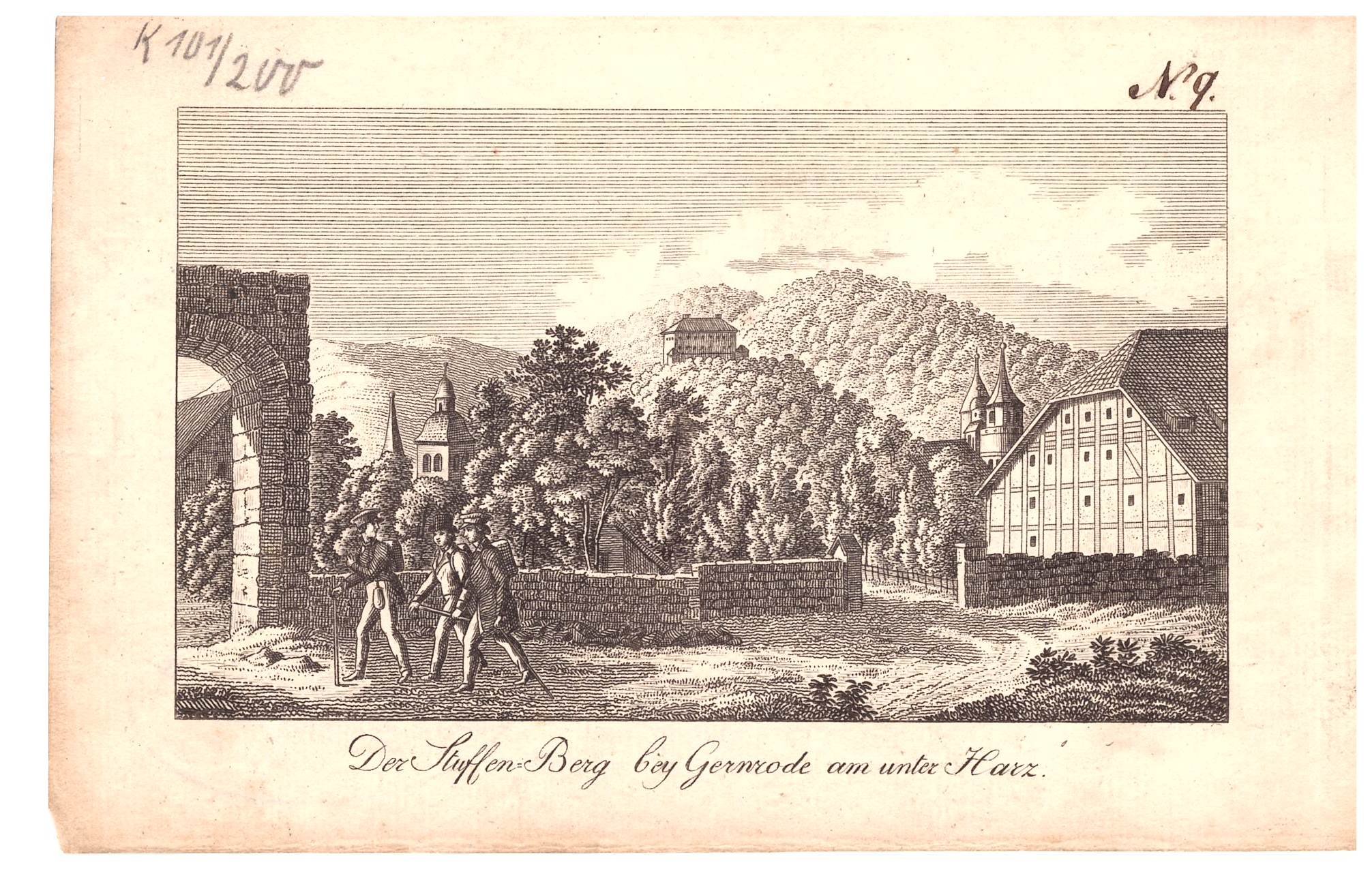 Gernrode: Stadttor, im Hintergrund der Stubenberg, um 1820 (Stammbuchblatt) (Schloß Wernigerode GmbH RR-F)