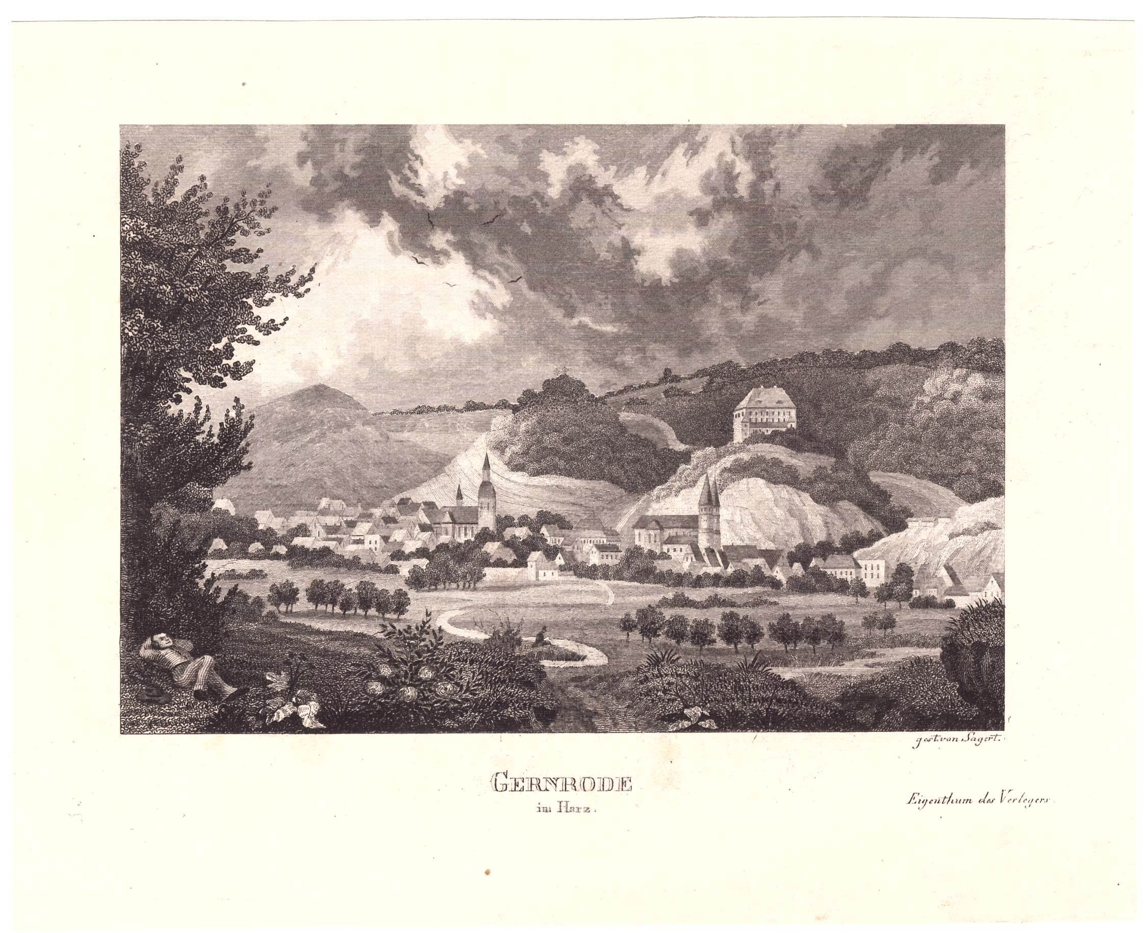 Gernrode: Stadt und Stubenberg von Nordwesten, 1841 (aus: Hübenthal "Borussia") (Schloß Wernigerode GmbH RR-F)