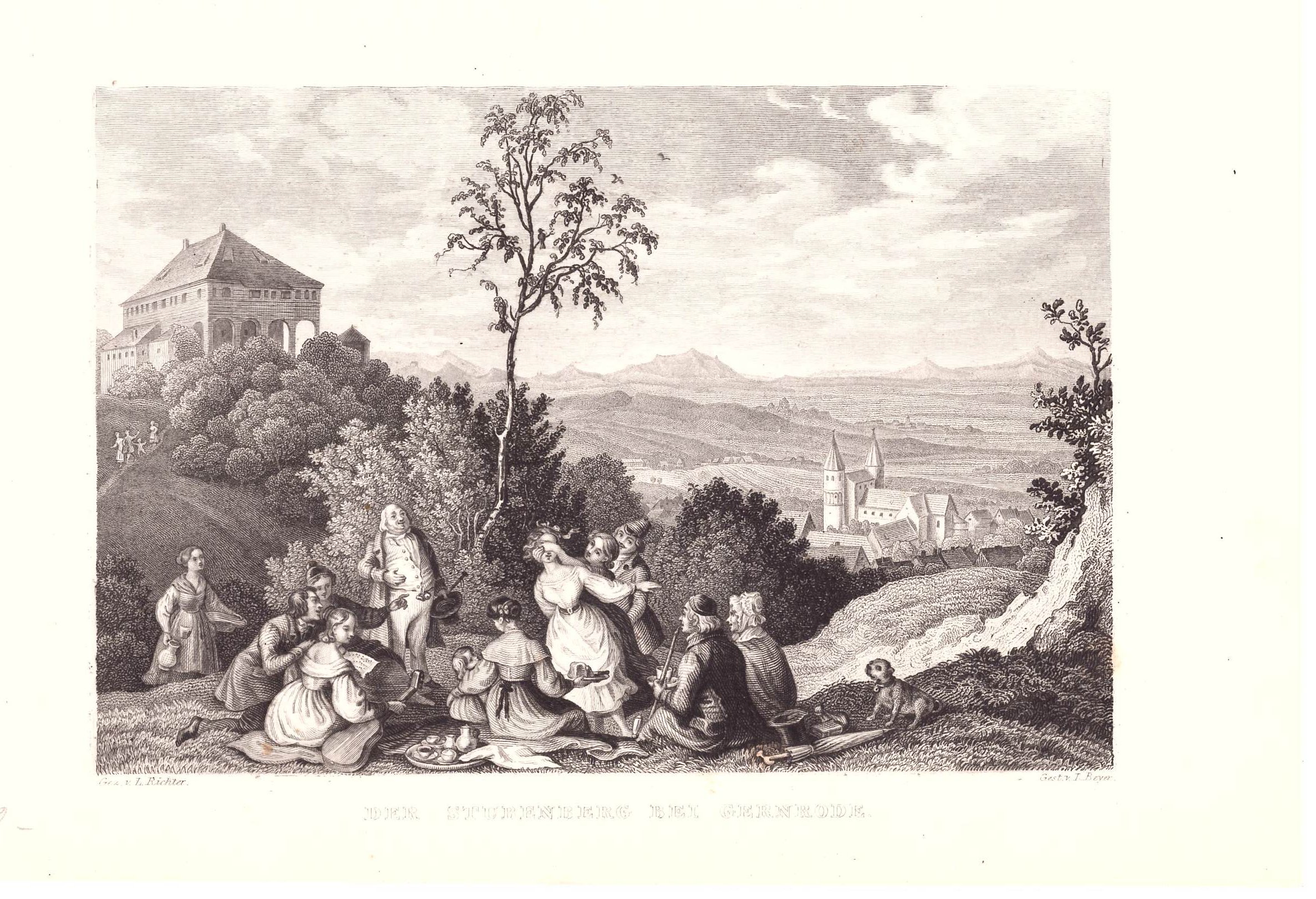 Gernrode: Stubenberg von Nordosten, im Hintergrund die Stadt mit der Stiftskirche, 1838 (aus: Wigand "Wanderung durch den Harz") (Schloß Wernigerode GmbH RR-F)