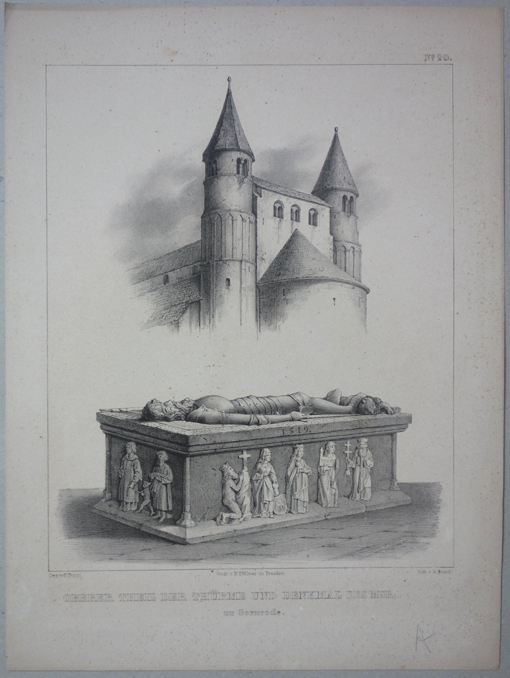 Gernrode: Türme der Stiftskirche, Gero-Grabmal in der Kirche, 1842 (aus: Brockhaus "Baukunst des Mittelalters") (Schloß Wernigerode GmbH RR-F)