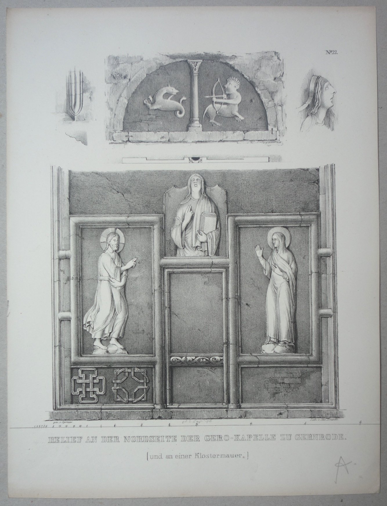 Gernrode: Reliefs aus der Gero-Kapelle und dem Kloster, 1842 (aus: Brockhaus "Baukunst des Mittelalters") (Schloß Wernigerode GmbH RR-F)
