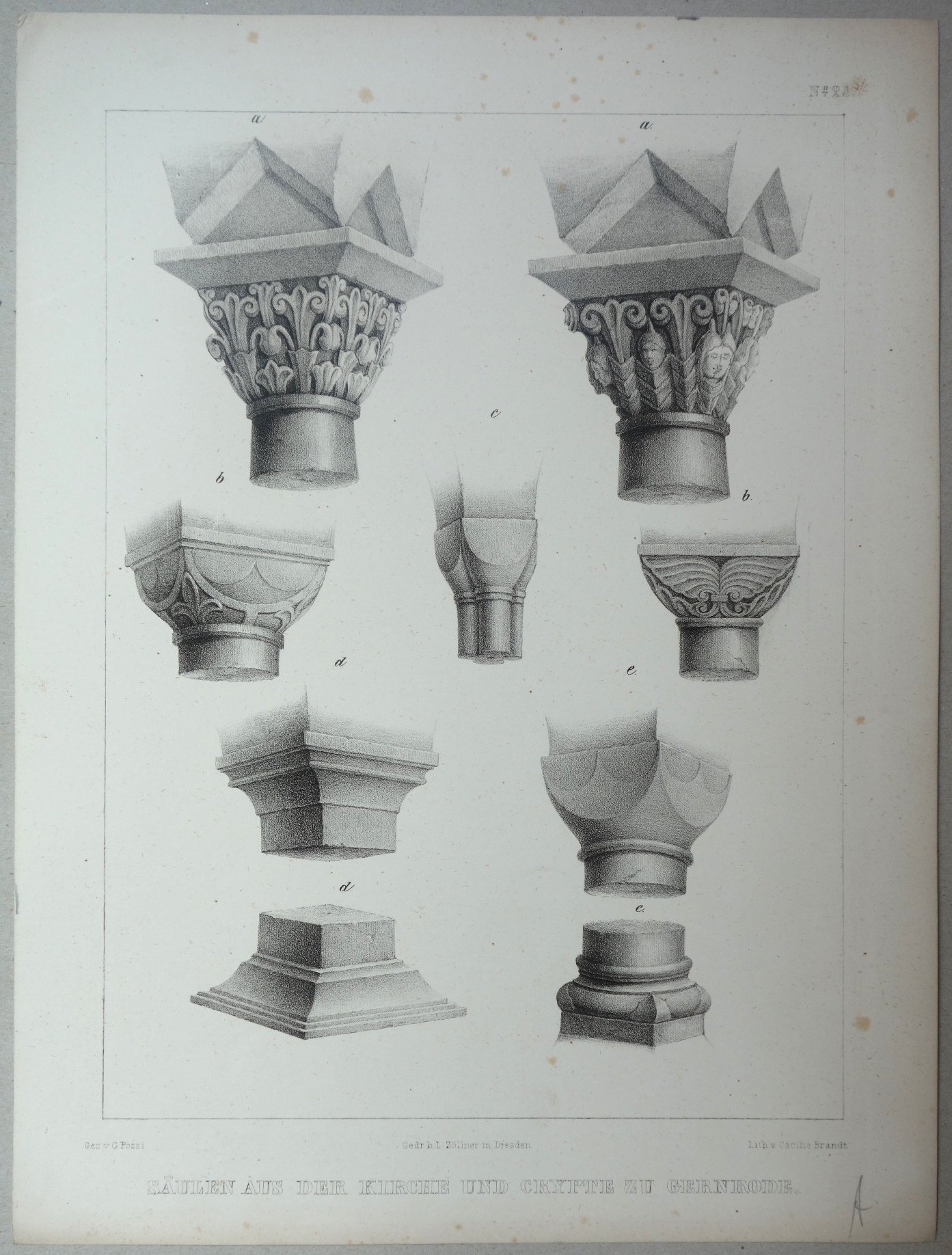 Gernrode: Kapitelle und Postamente aus der Stiftskirche, 1842 (aus: Brockhaus "Baukunst des Mittelalters") (Schloß Wernigerode GmbH RR-F)