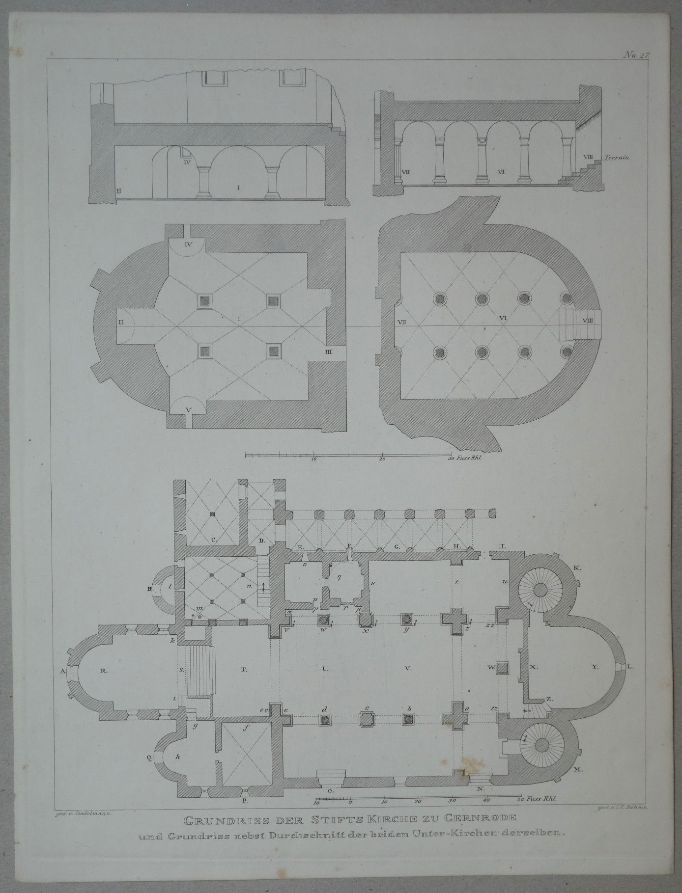 Gernrode: Grundriss und Schnitt durch die Stiftskirche, 1842 (aus: Brockhaus "Baukunst des Mittelalters") (Schloß Wernigerode GmbH RR-F)