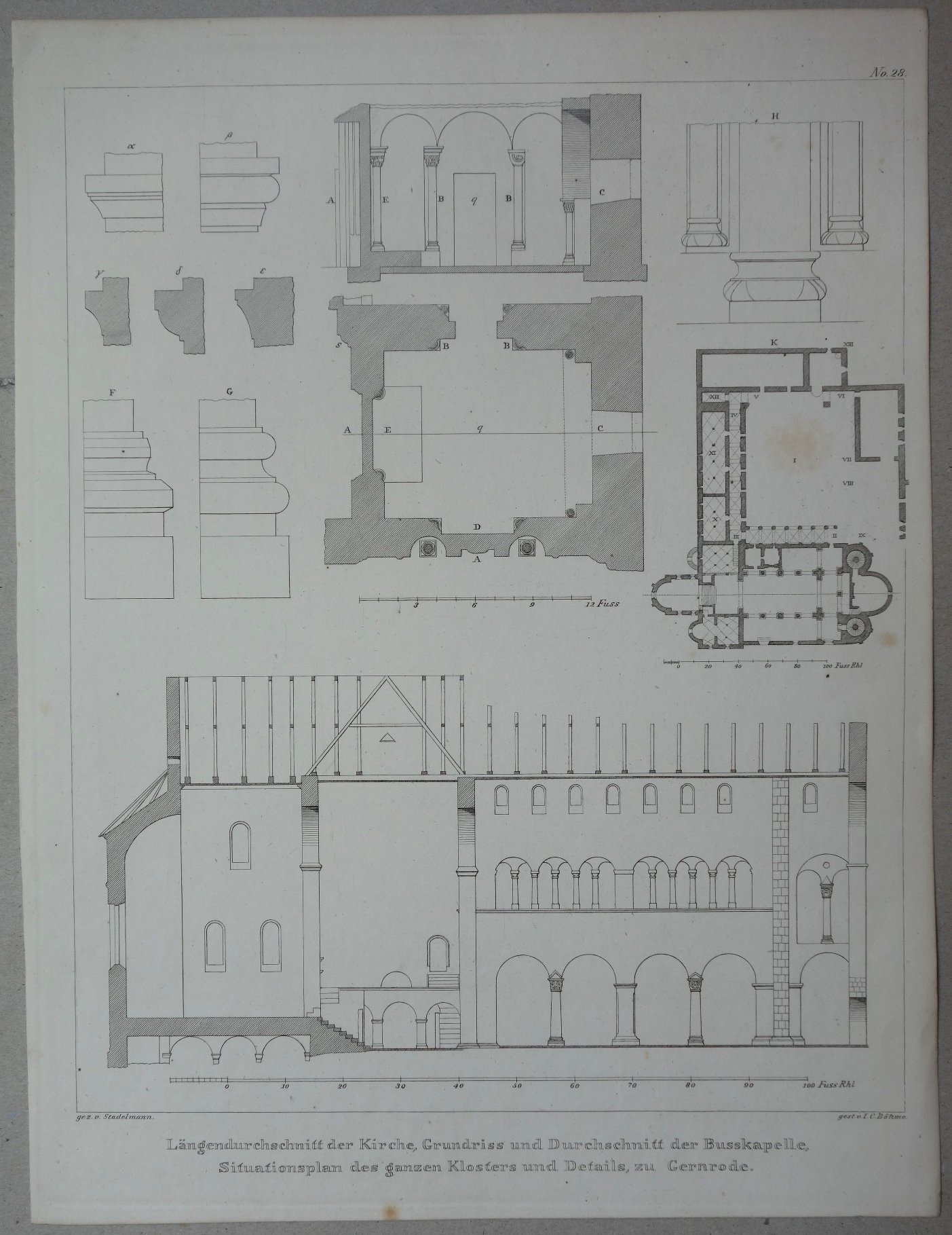 Gernrode: Grundriss und Schnitt durch das Kloster und einzelne Details, 1842 (aus: Brockhaus "Baukunst des Mittelalters") (Schloß Wernigerode GmbH RR-F)