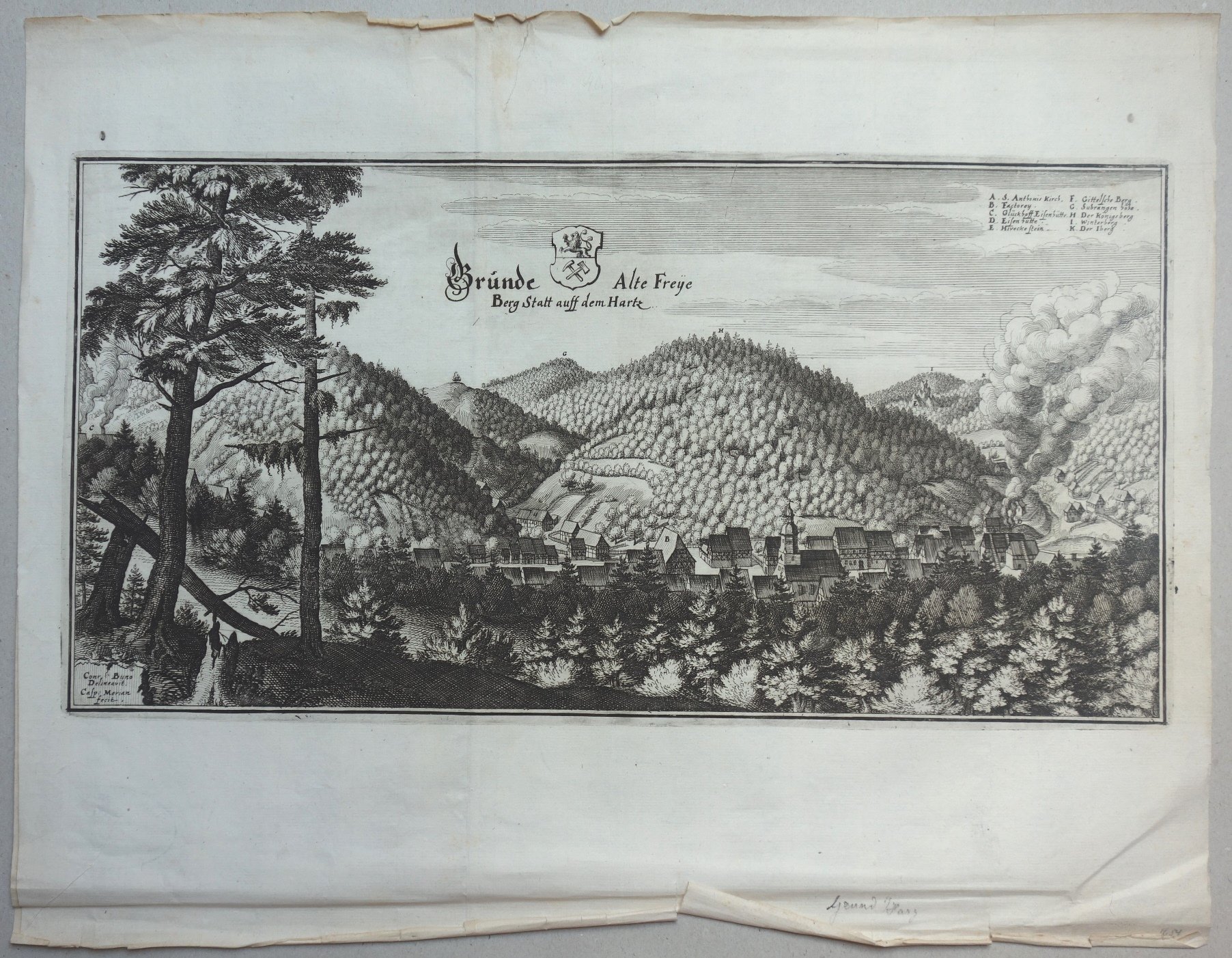 Bad Grund: Stadt von Südosten, im Hintergrund der Hübichenstein, 1654 (aus: Merian "Topographia") (Schloß Wernigerode GmbH RR-F)