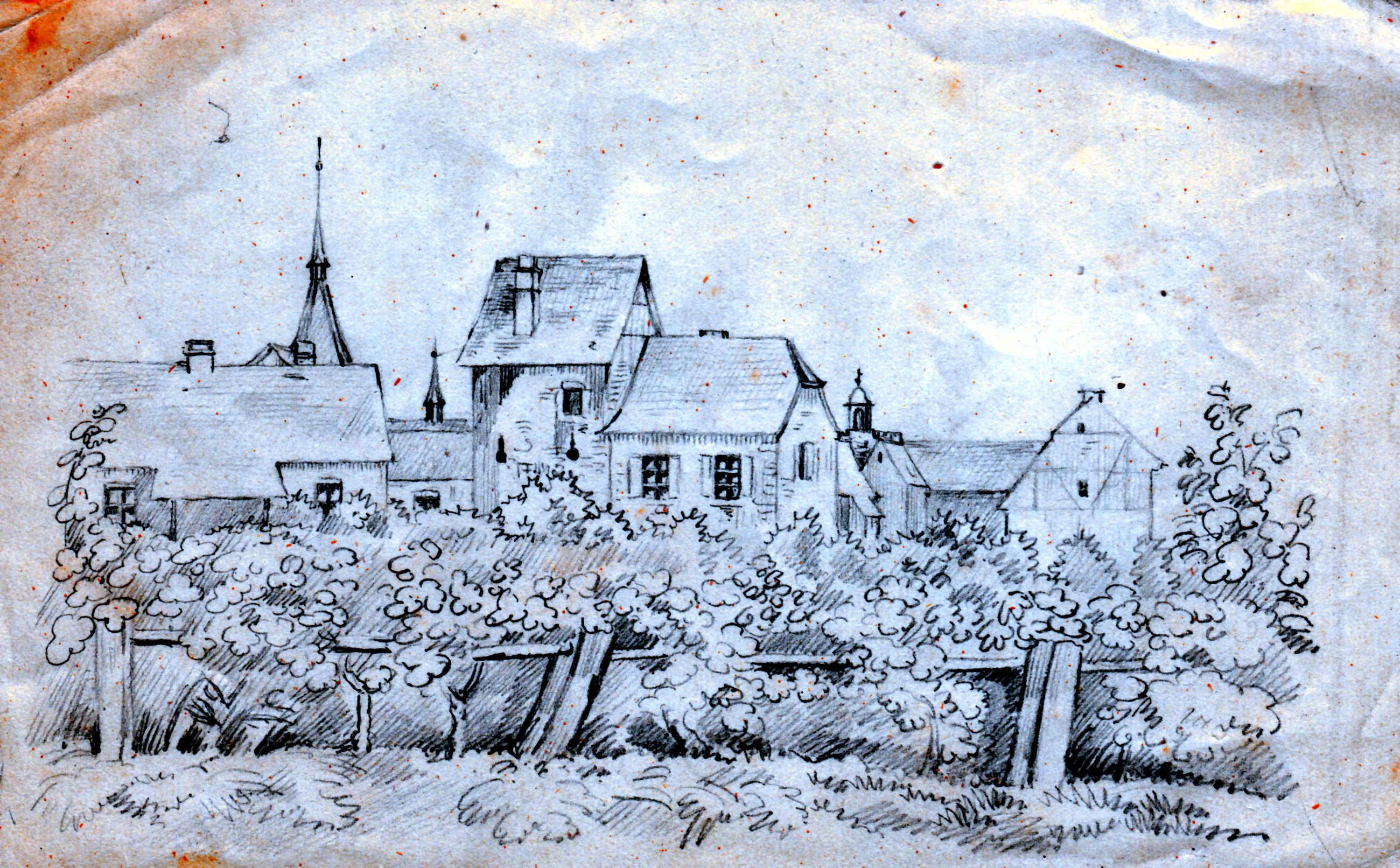 Blick vom Stadtrand einer Altstadt in das Stadtinnere (Osterwieck?), um 1865 von Elise Crola (Schloß Wernigerode GmbH RR-F)