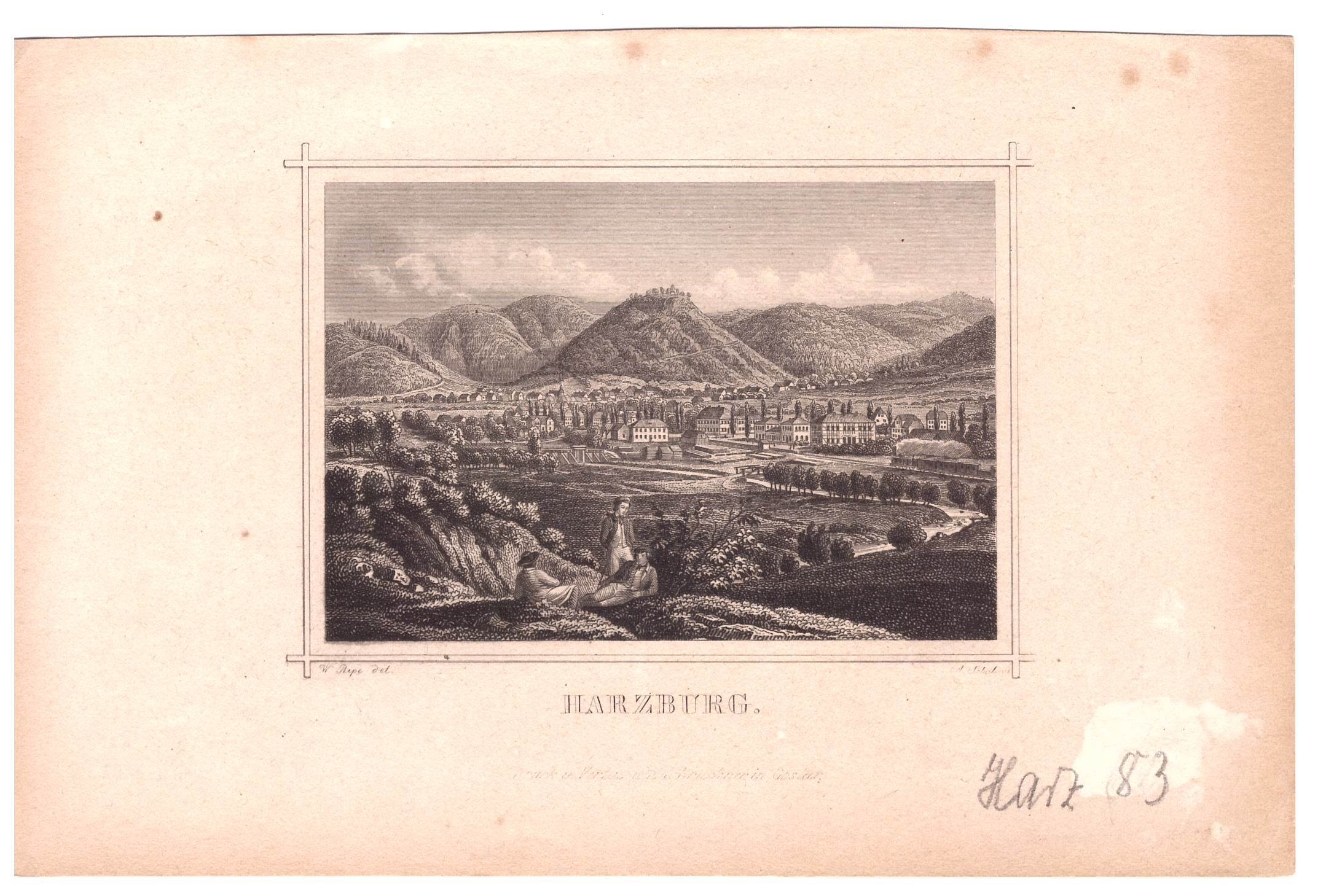 Bad Harzburg: Blick auf den Bahnhof und den Ort Harzburg von Nordosten, 1864 (aus: Brückner "Erinnerung an Harzburg") (Schloß Wernigerode GmbH RR-F)