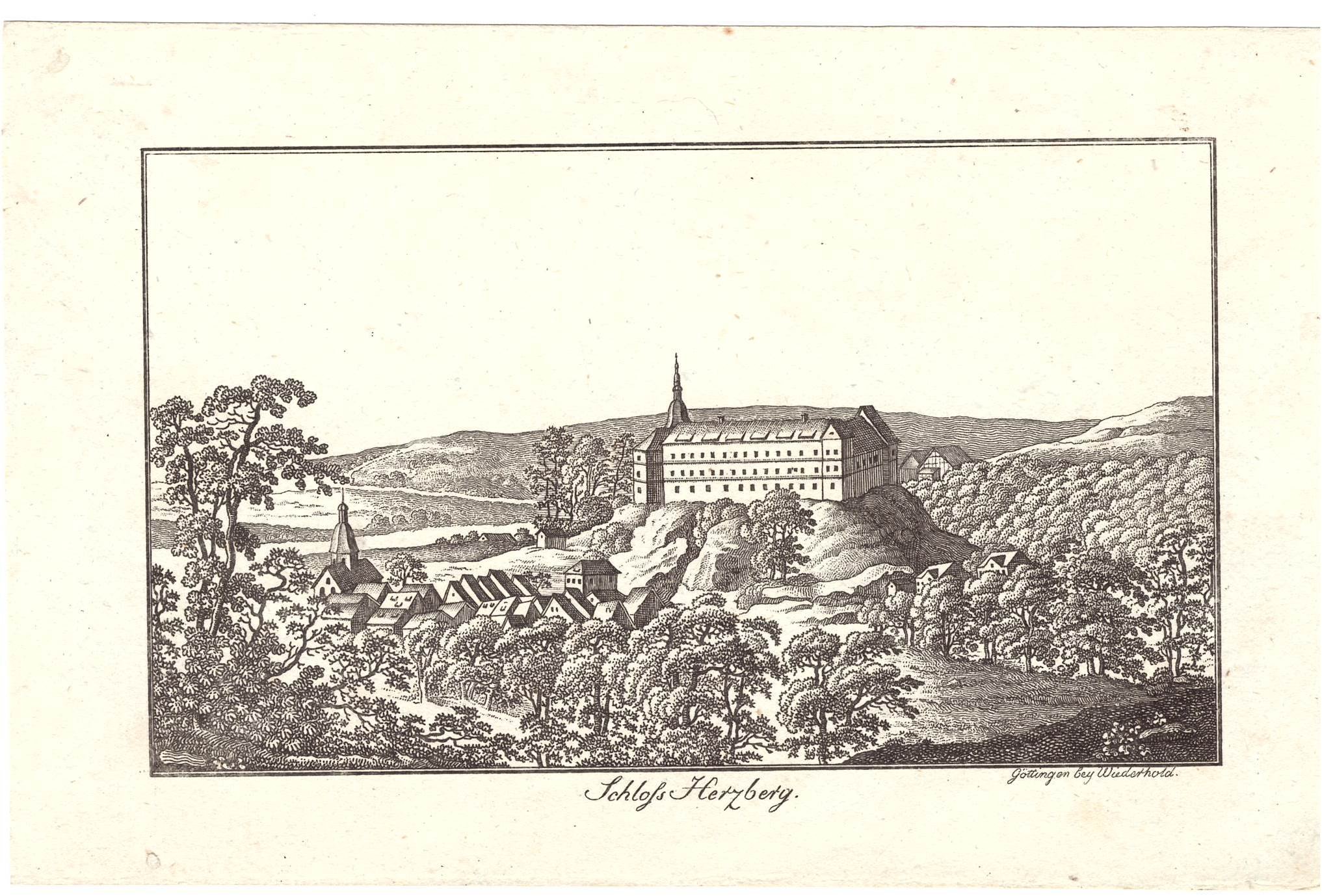 Herzberg am Harz: Schloss und Stadt von Osten, um 1820 (Stammbuchblatt) (Schloß Wernigerode GmbH RR-F)