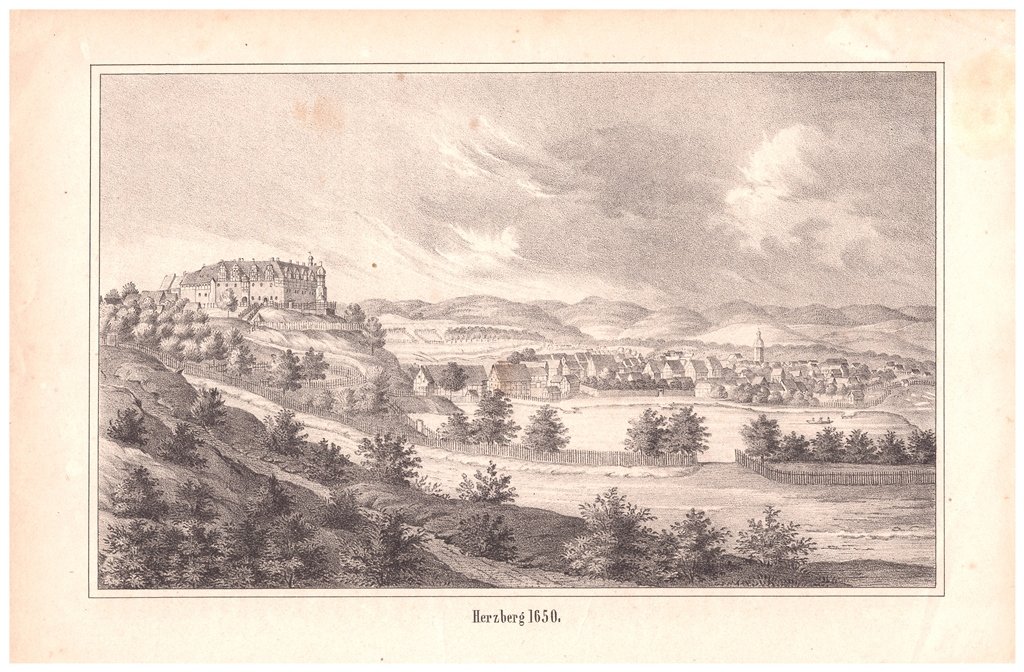 Herzberg am Harz: Schloss und Stadt von Süden, Zustand 1650 (184#) (Schloß Wernigerode GmbH RR-F)