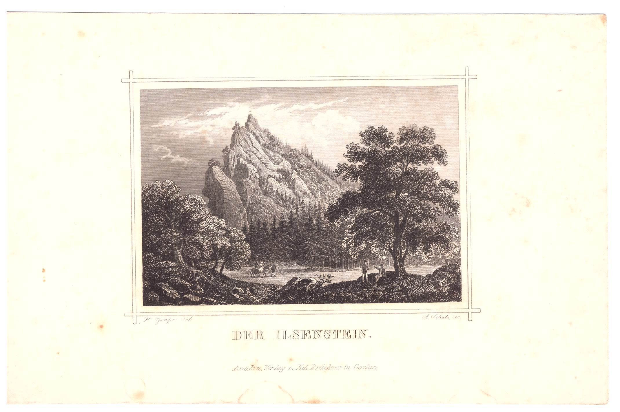 Ilsetal: Ilsenstein aus dem Ilsetal, 1855 (aus: Brückner "Harzansichten") (Schloß Wernigerode GmbH RR-F)