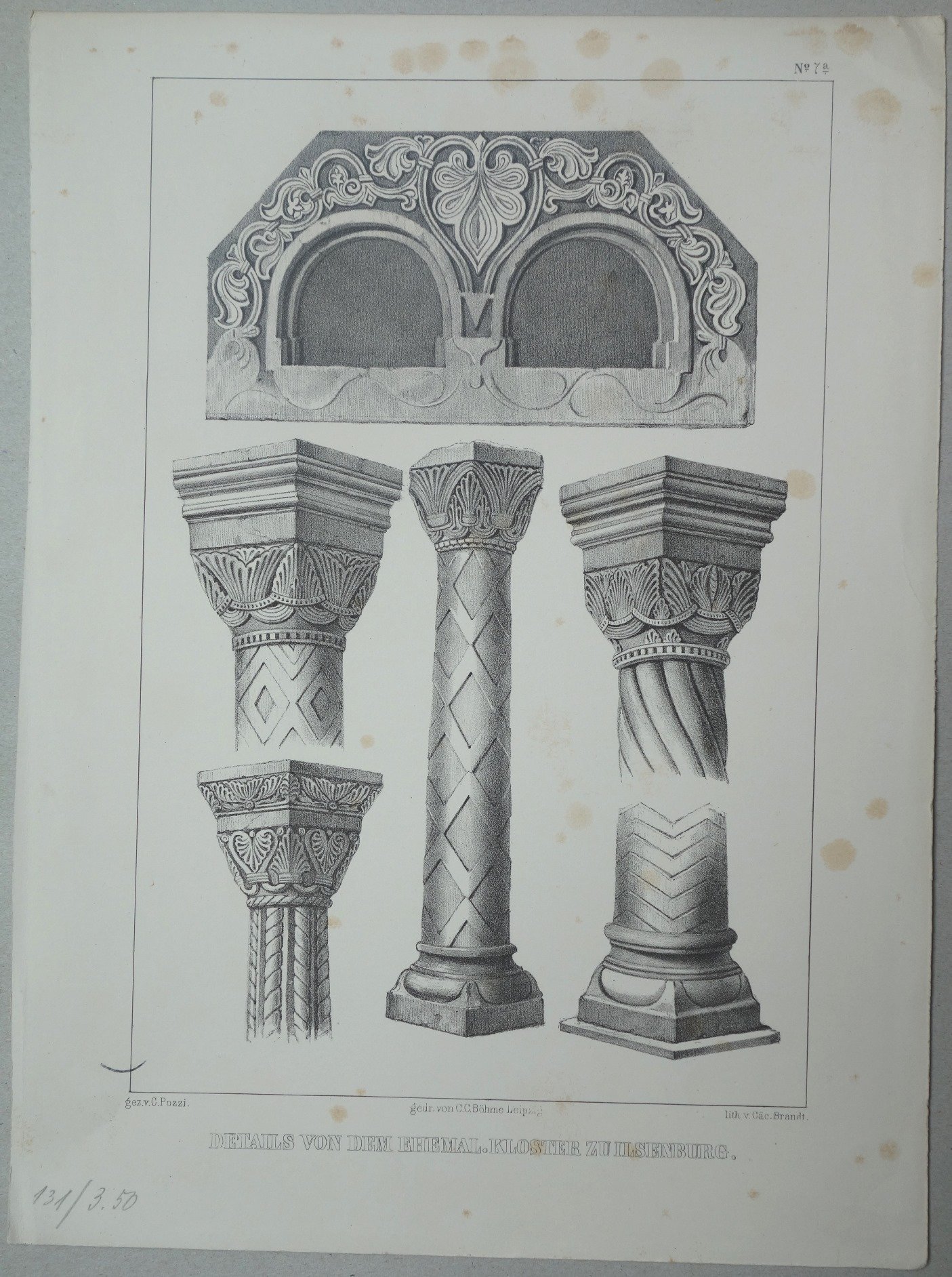 Ilsenburg: Kapitelle, Säulen, Basen und Relief aus der Klosterkirche, 1842 (aus: Brockhaus "Denkmale des Mittelalters") (Schloß Wernigerode GmbH RR-F)