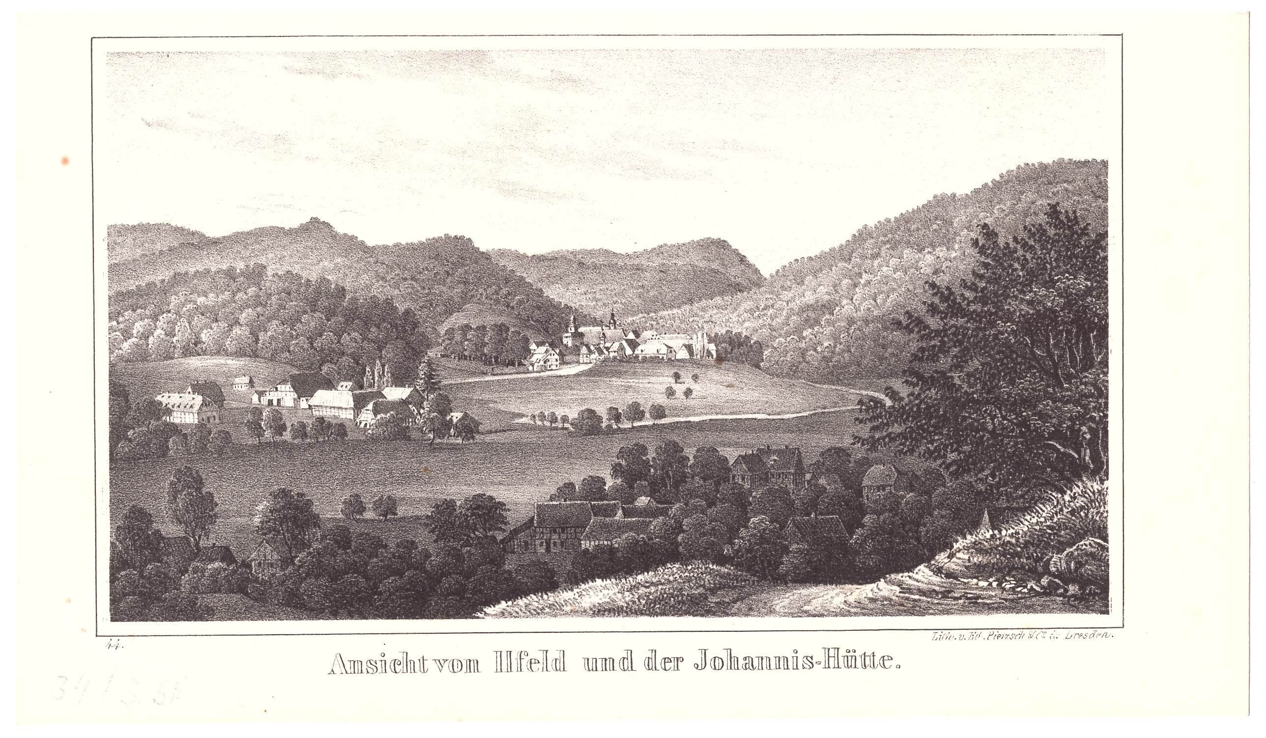Ilfeld: Stadt von Süden, vorn die Johannis-Hütte, 1841 (aus: Pietzsch (Schloß Wernigerode GmbH RR-F)