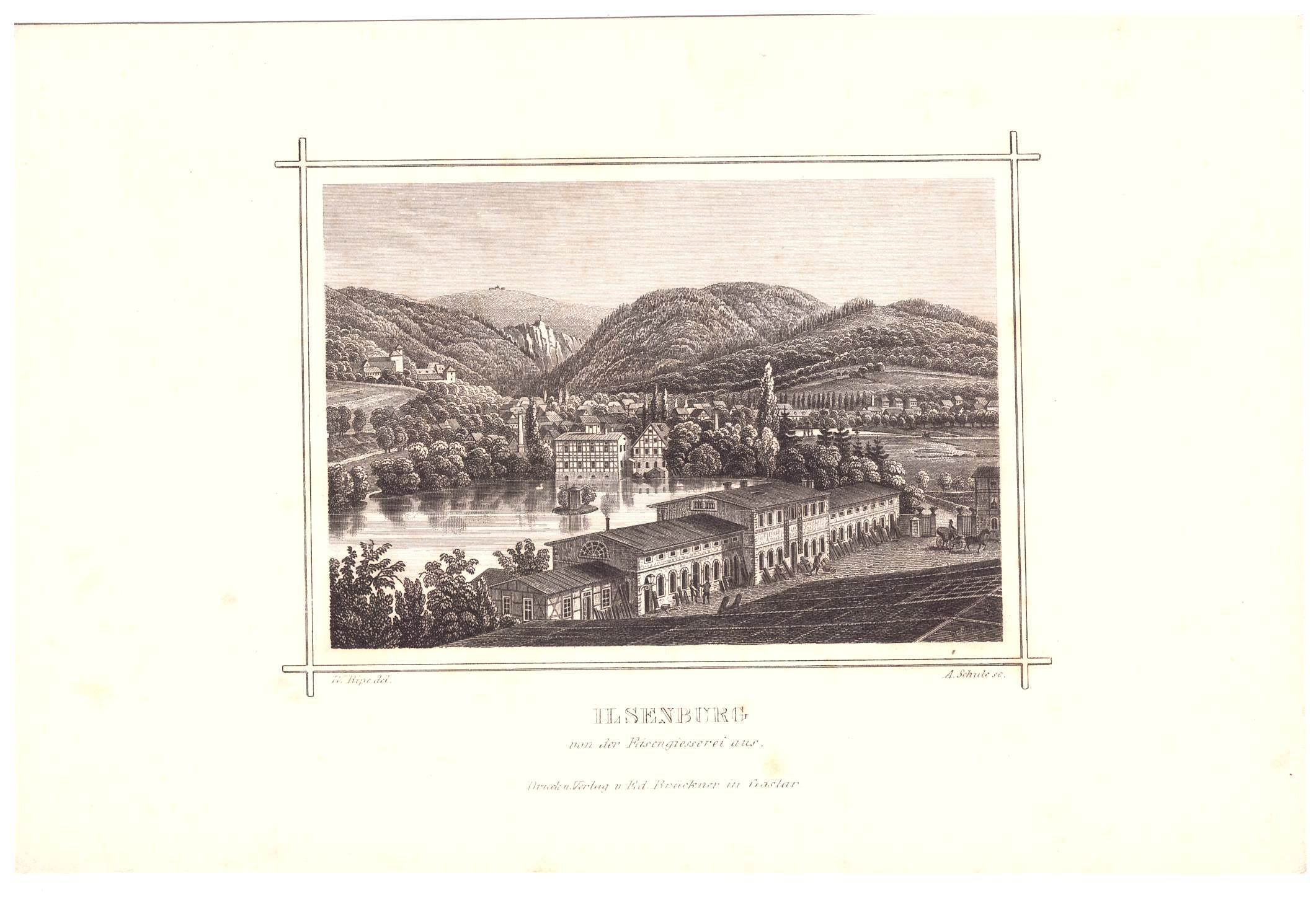 Ilsenburg: Stadt mit Kloster und dem Ilsestein vom Dach des Hüttenwerkes, 1855 (aus: Brückner (Schloß Wernigerode GmbH RR-F)
