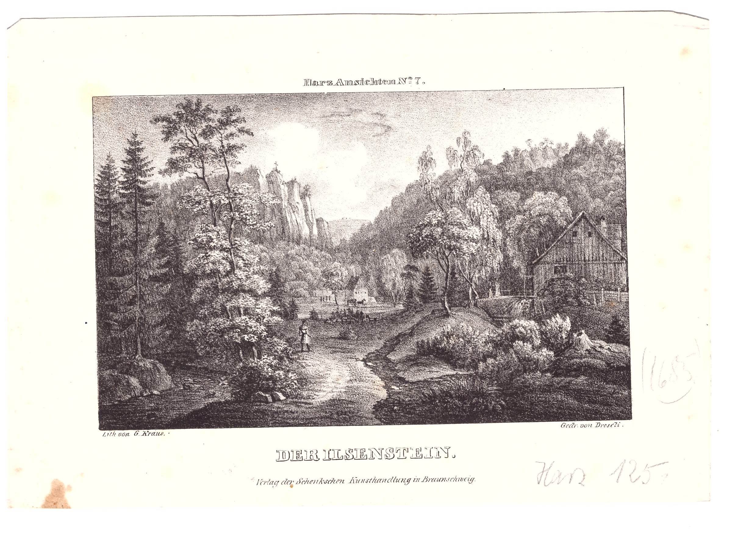 Ilsetal: Ilsestein und Forsthaus im Ilsetal, 1834 (Schenk "Harz-Ansichten") (Schloß Wernigerode GmbH RR-F)