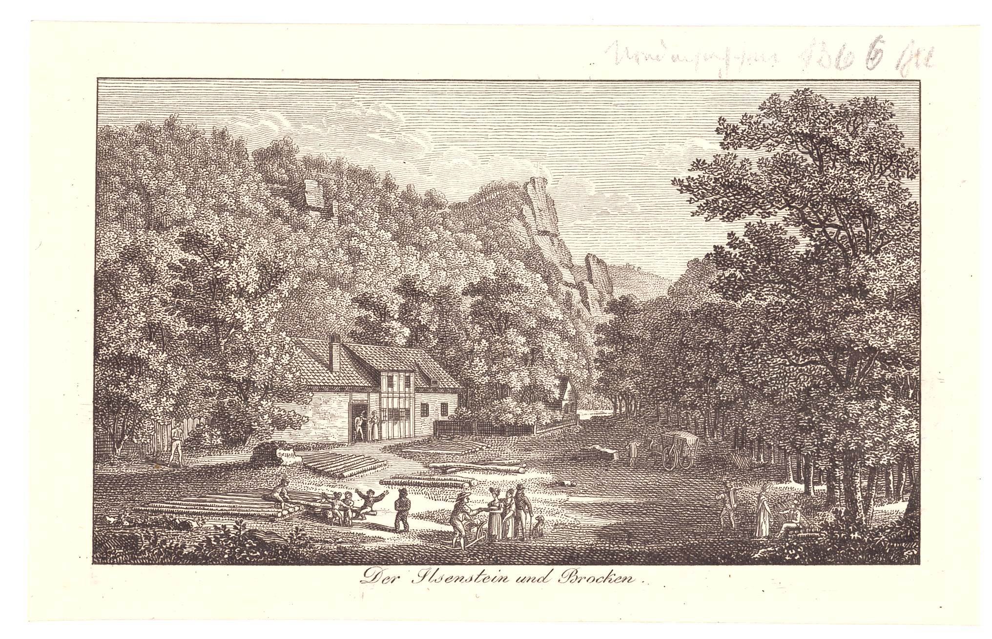 Ilsetal: Ilsestein und Forsthaus im Ilsetal, um 1820 (Stammbuchblatt) (Schloß Wernigerode GmbH RR-F)