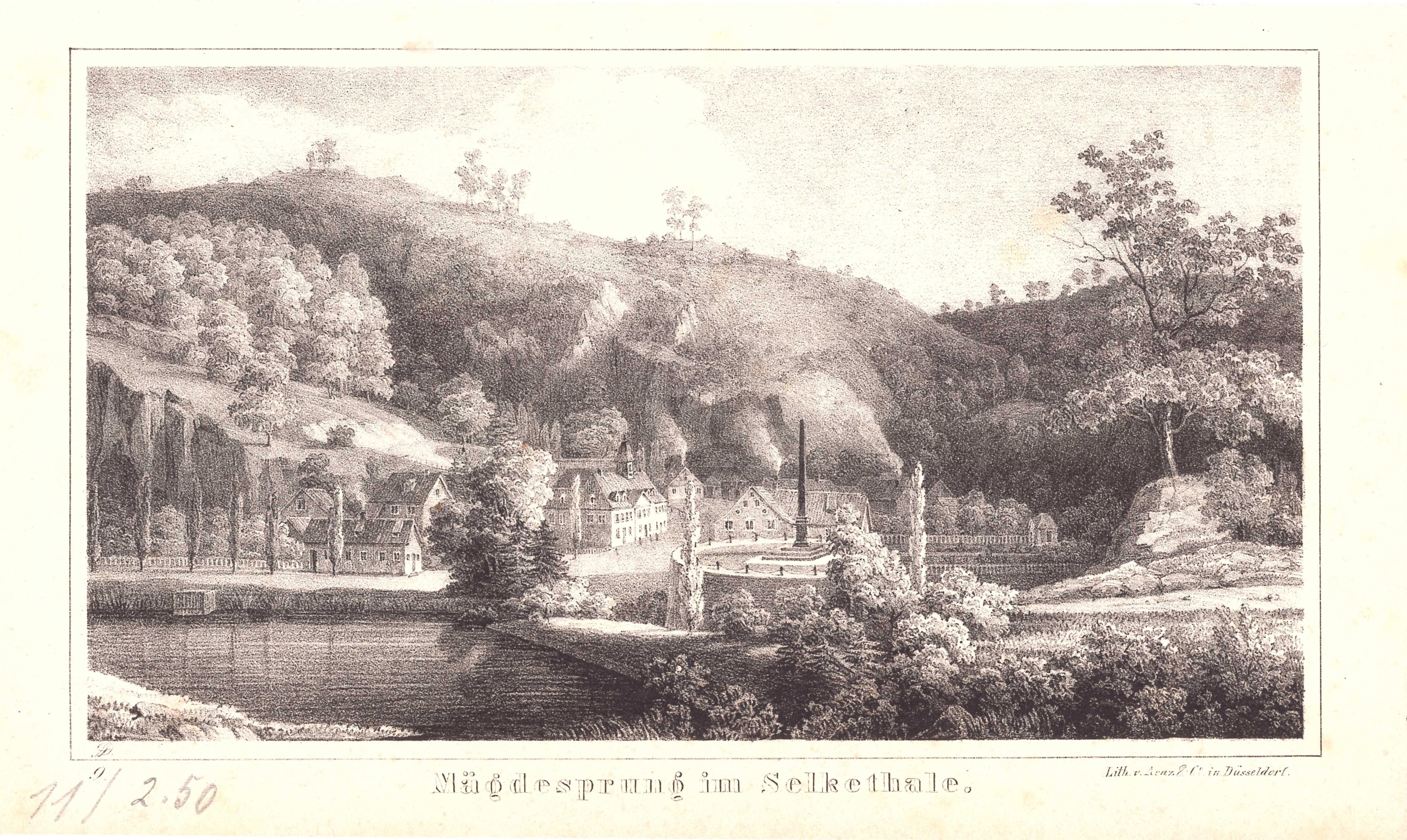 Mägdesprung: Ort mit Obelisk, um 1839 (aus: Sydow (Schloß Wernigerode GmbH RR-F)