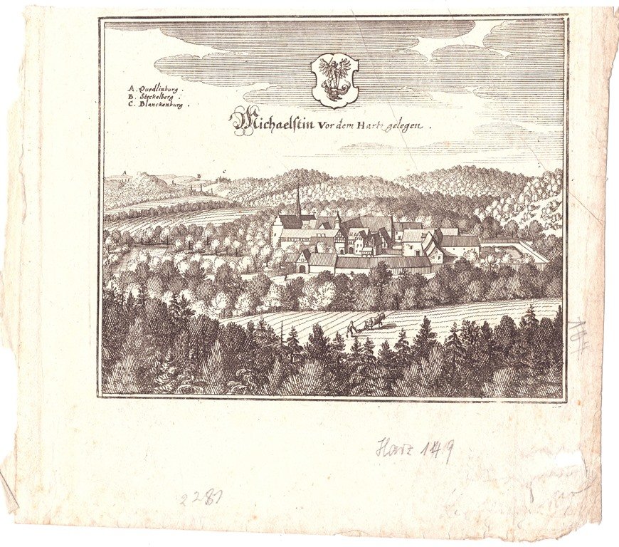 Michaelstein: Kloster von Nordwesten, 1654 (aus: Merian "Braunschweig") (Schloß Wernigerode GmbH RR-F)