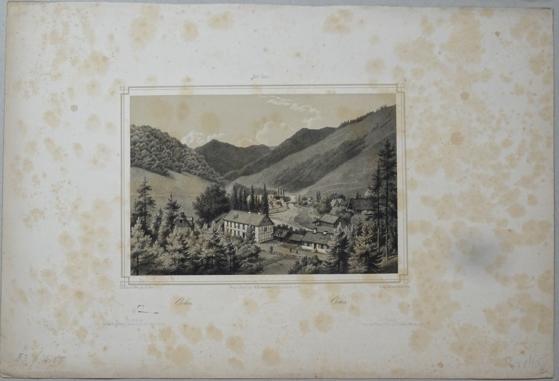 Okertal: Blick auf das Dorf Oker und den Hochharz, 1838 (aus: Schroeder "Der Harz") (Schloß Wernigerode GmbH RR-F)