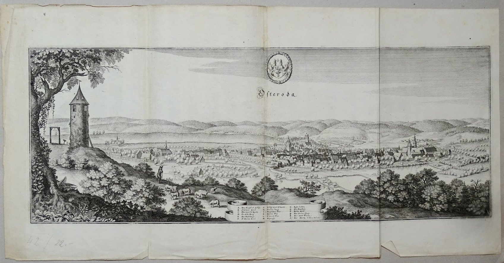 Osterode am Harz: Stadt, Burg von Südwesten, 1654 (aus: Merian "Braunschweig") (Schloß Wernigerode GmbH RR-F)