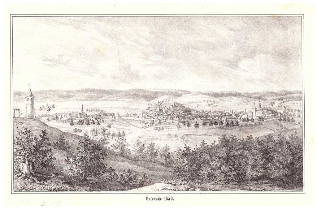 Osterode am Harz: Stadt und Burg, nach Merian, 1841-1843 (aus: Meinecke "Vaterländische Geschichten") (Schloß Wernigerode GmbH RR-F)