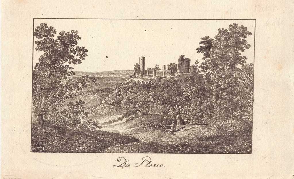 Plesse bei Göttingen: Burg im Leinetal, nach 1804 (Wiederhold: Stammbuchblatt) (Schloß Wernigerode GmbH RR-F)