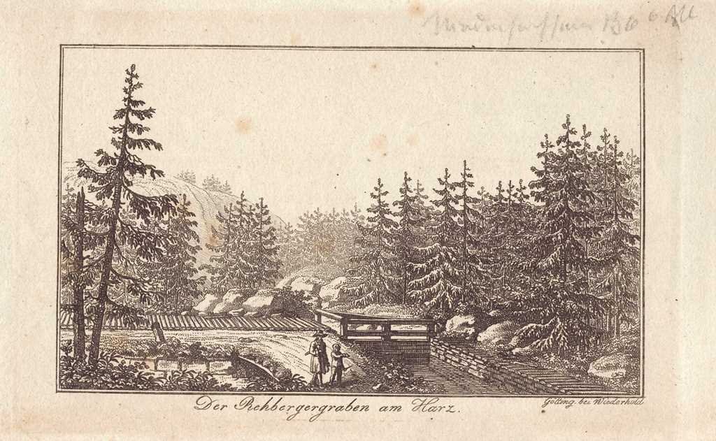 Rehberger Graben (Harz): Kanal mit Wehr, um 1812 (Wiederhold: Stammbuchblatt) (Schloß Wernigerode GmbH RR-F)