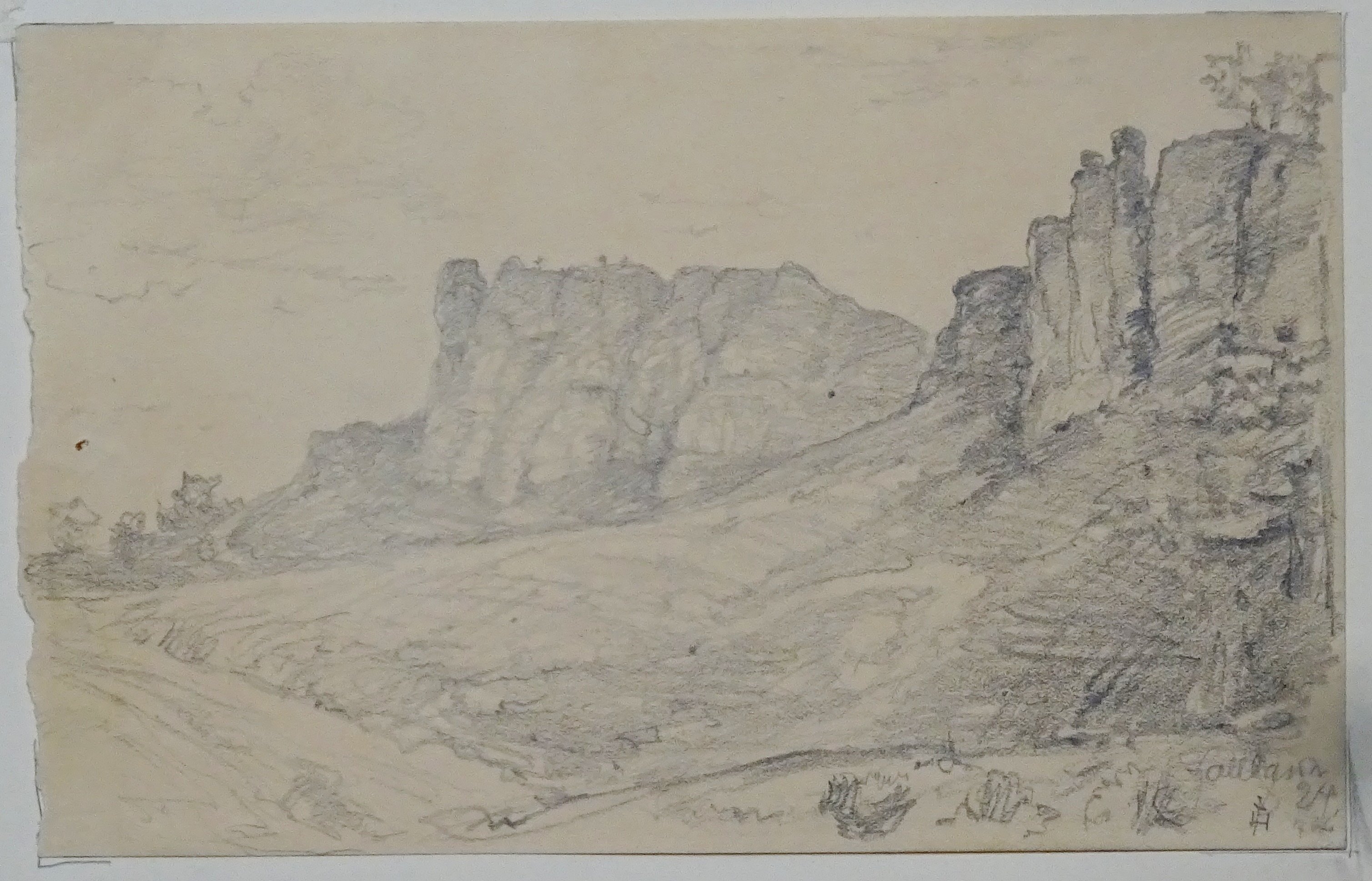 Regenstein: Felsen des Regenstein aus der Ferne, Zeichnung von Christian Hallbauer, 1924 (Schloß Wernigerode GmbH RR-F)