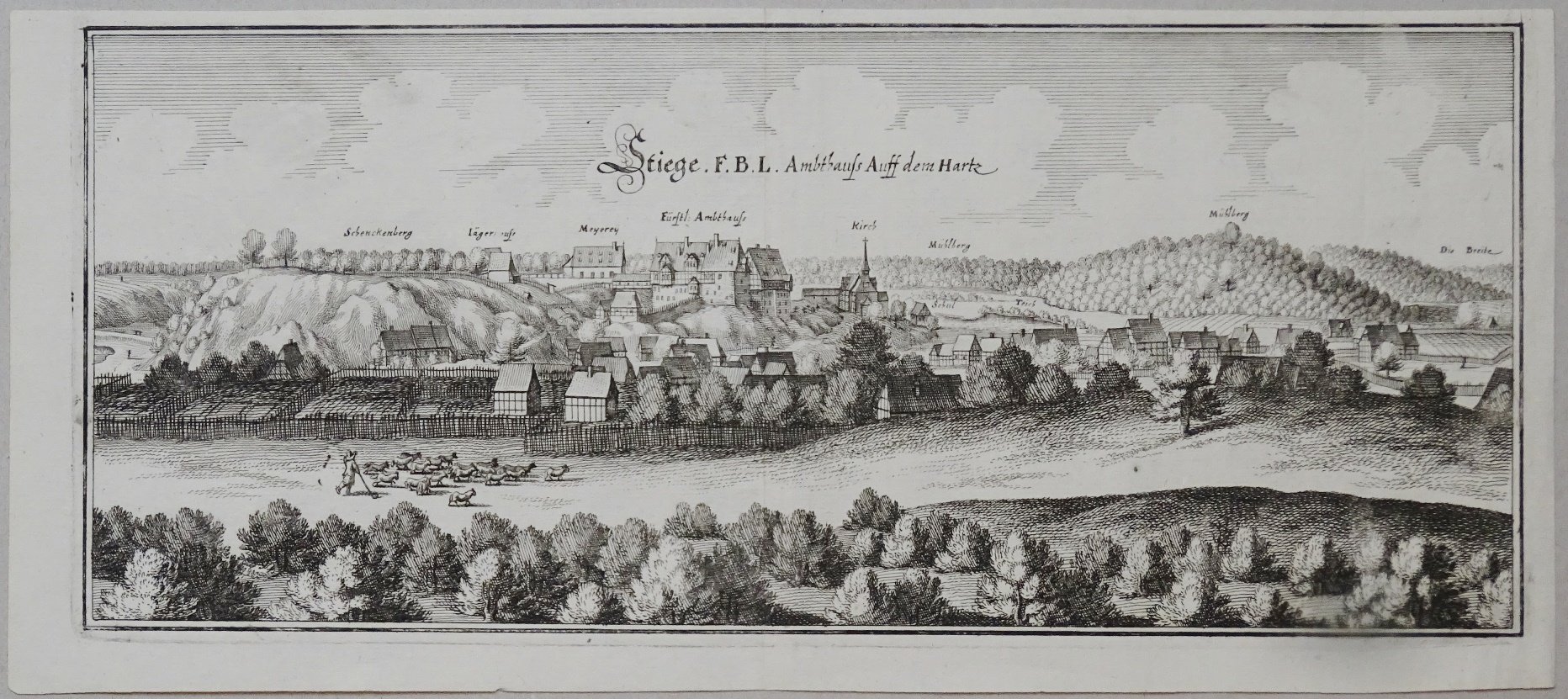Stiege: Schloß und Ort von Südwesten, 1654 (aus: Merian "Braunschweig") (Schloß Wernigerode GmbH RR-F)