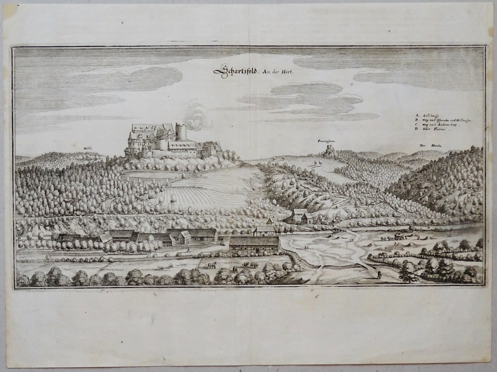 Scharzfeld: Burg Scharzfels und Ort von Süden, 1654 (aus: Merian "Braunschweig") (Schloß Wernigerode GmbH RR-F)
