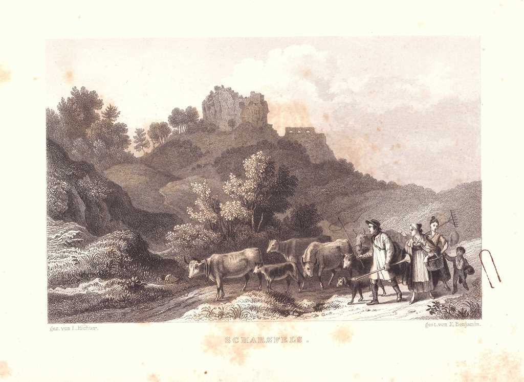 Scharzfeld: Burg Scharzfels aus der Ferne, 1838 (aus: Wigand "Wanderung durch den Harz") (Schloß Wernigerode GmbH RR-F)