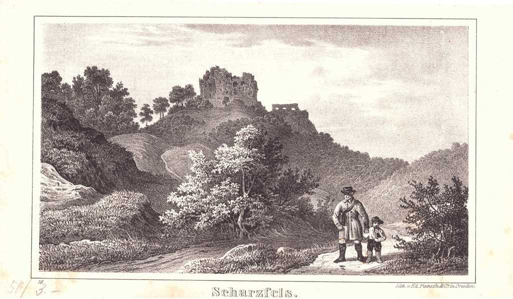 Scharzfeld: Burg Scharzfels aus der Ferne, 1840 (aus: Sydow, Thüringen und der Harz Bd. 2) (Schloß Wernigerode GmbH RR-F)