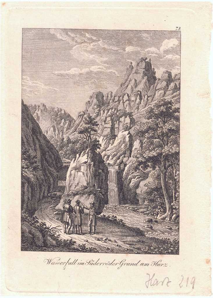 Bad Suderode: Wasserfall im Süderroder Grund, um 1820 (Riepenhausen: Stammbuchblatt) (Schloß Wernigerode GmbH RR-F)