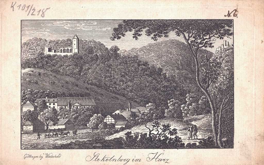 Stecklenberg: Dorf und Stecklenburg von Norden, um 1820 (Wiederhold: Stammbuchblatt) (Schloß Wernigerode GmbH RR-F)