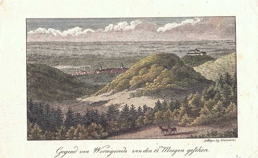 Wernigerode: Schloß und Stadt von Süden mit dem Harberg, vor 1814 (Wiederhold: Stammbuchblatt) (Schloß Wernigerode GmbH RR-F)